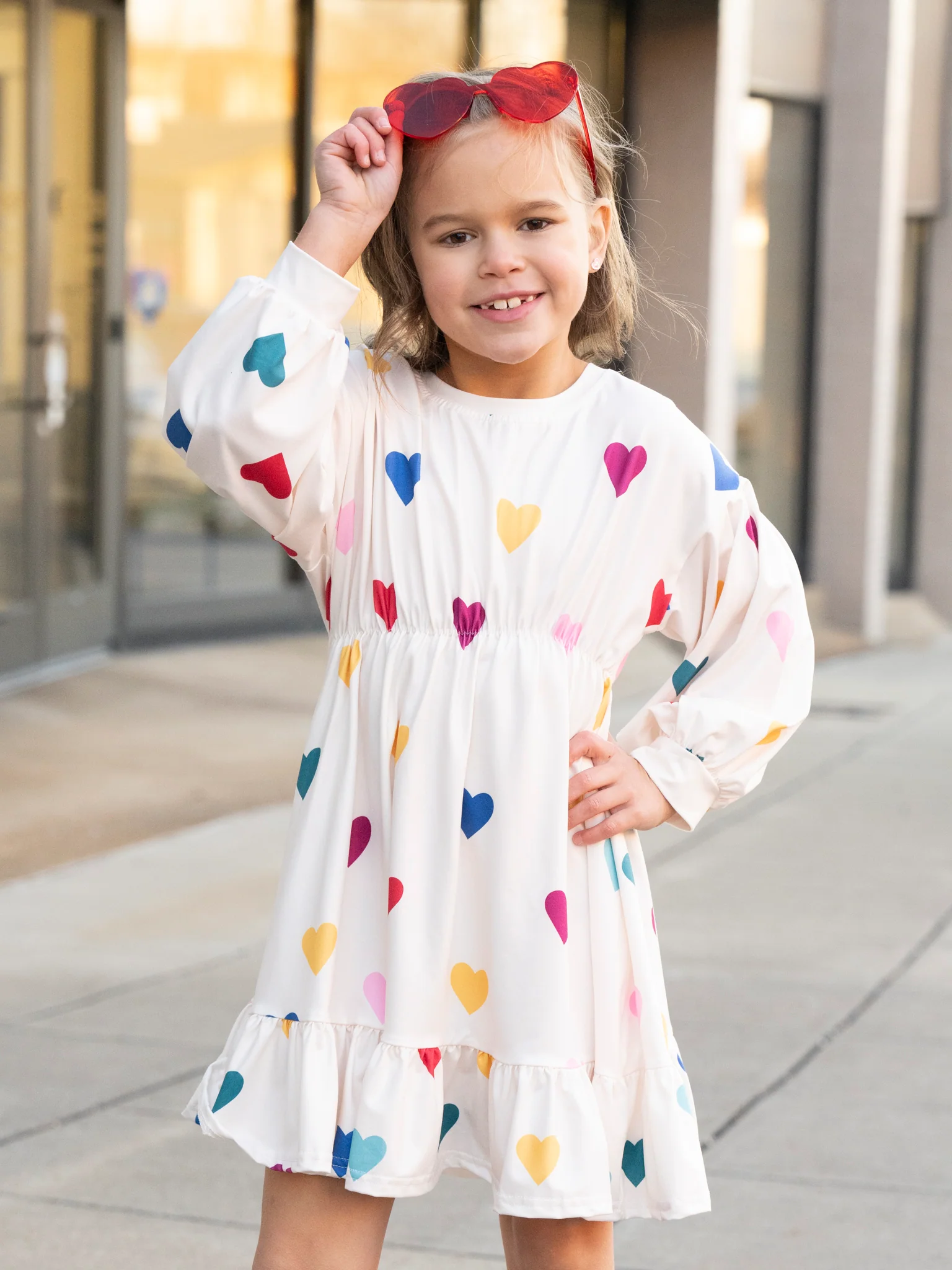 White Rainbow Hearts Ruffle Dress