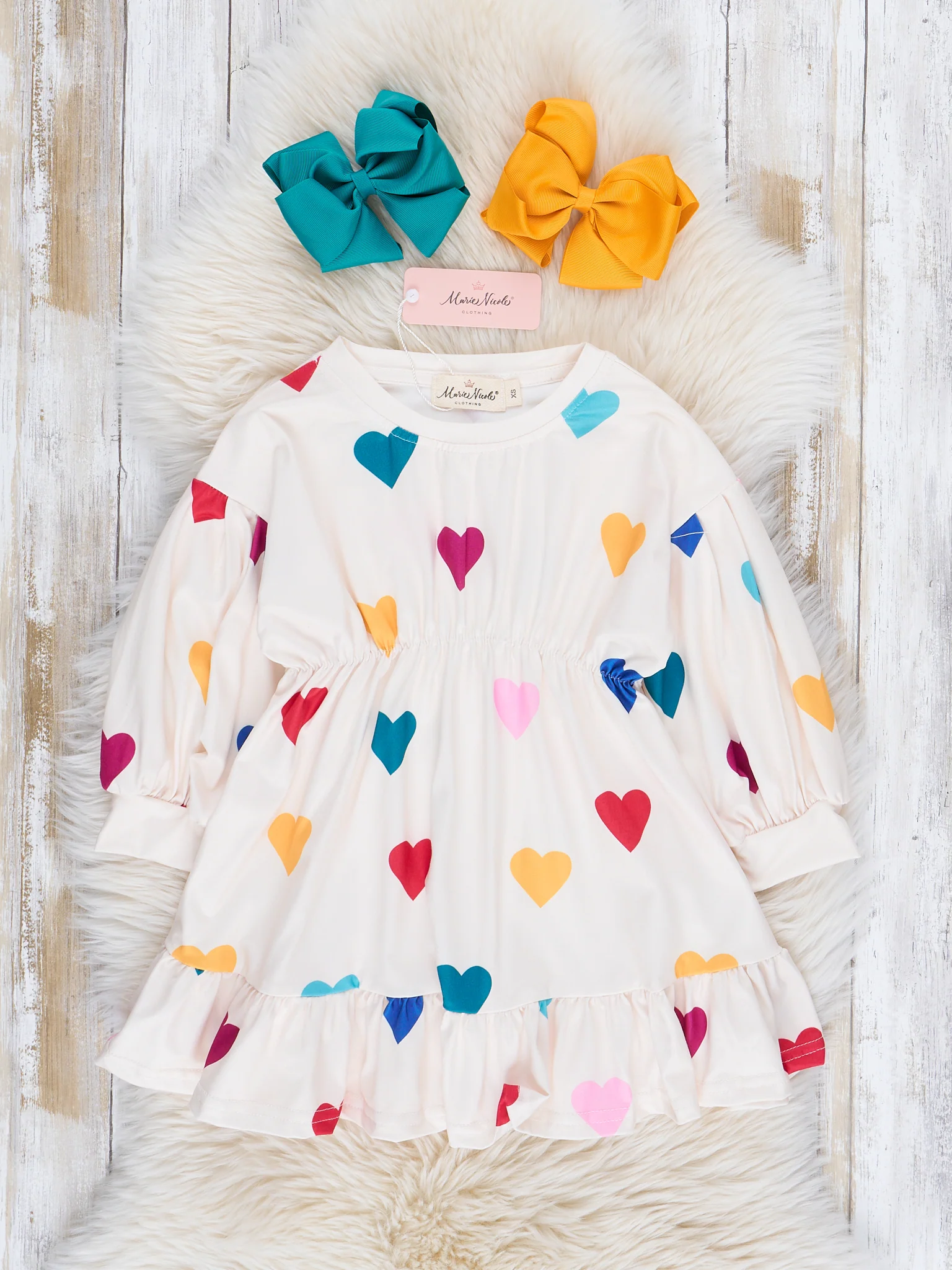 White Rainbow Hearts Ruffle Dress - Image 2