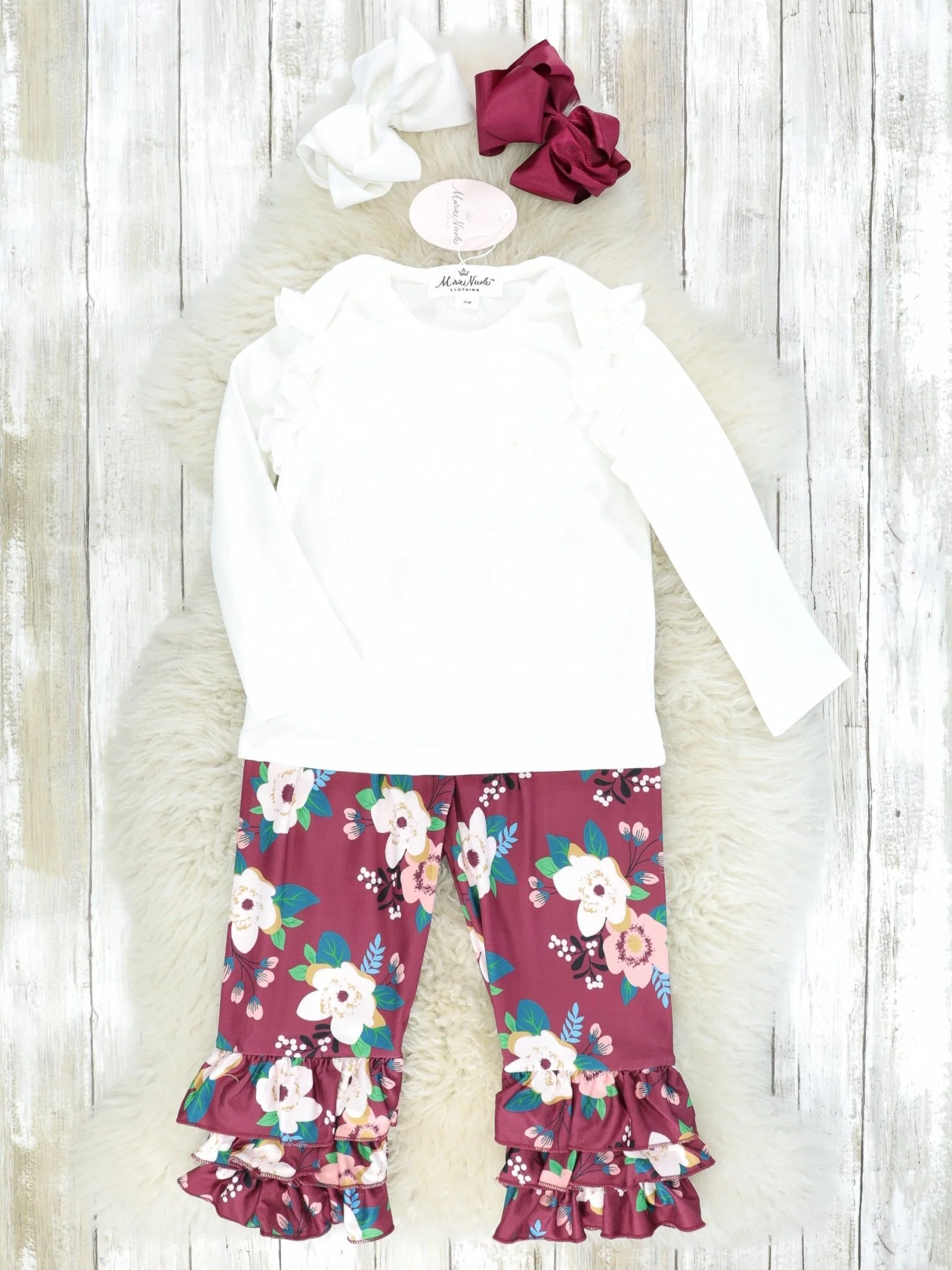 White Ruffle Top & Burgundy Floral Bottoms Outfit
