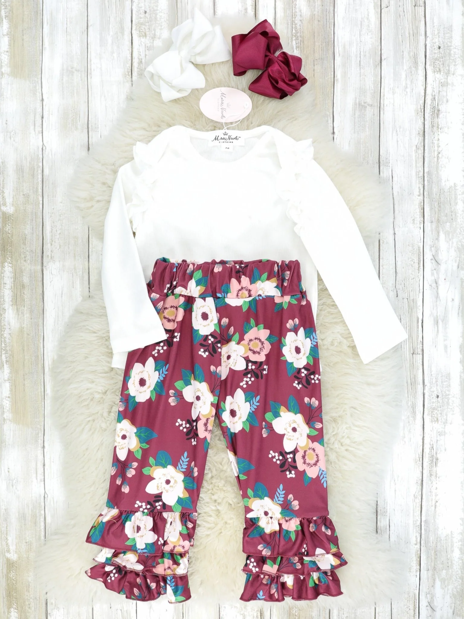 White Ruffle Top & Burgundy Floral Bottoms Outfit - Image 2