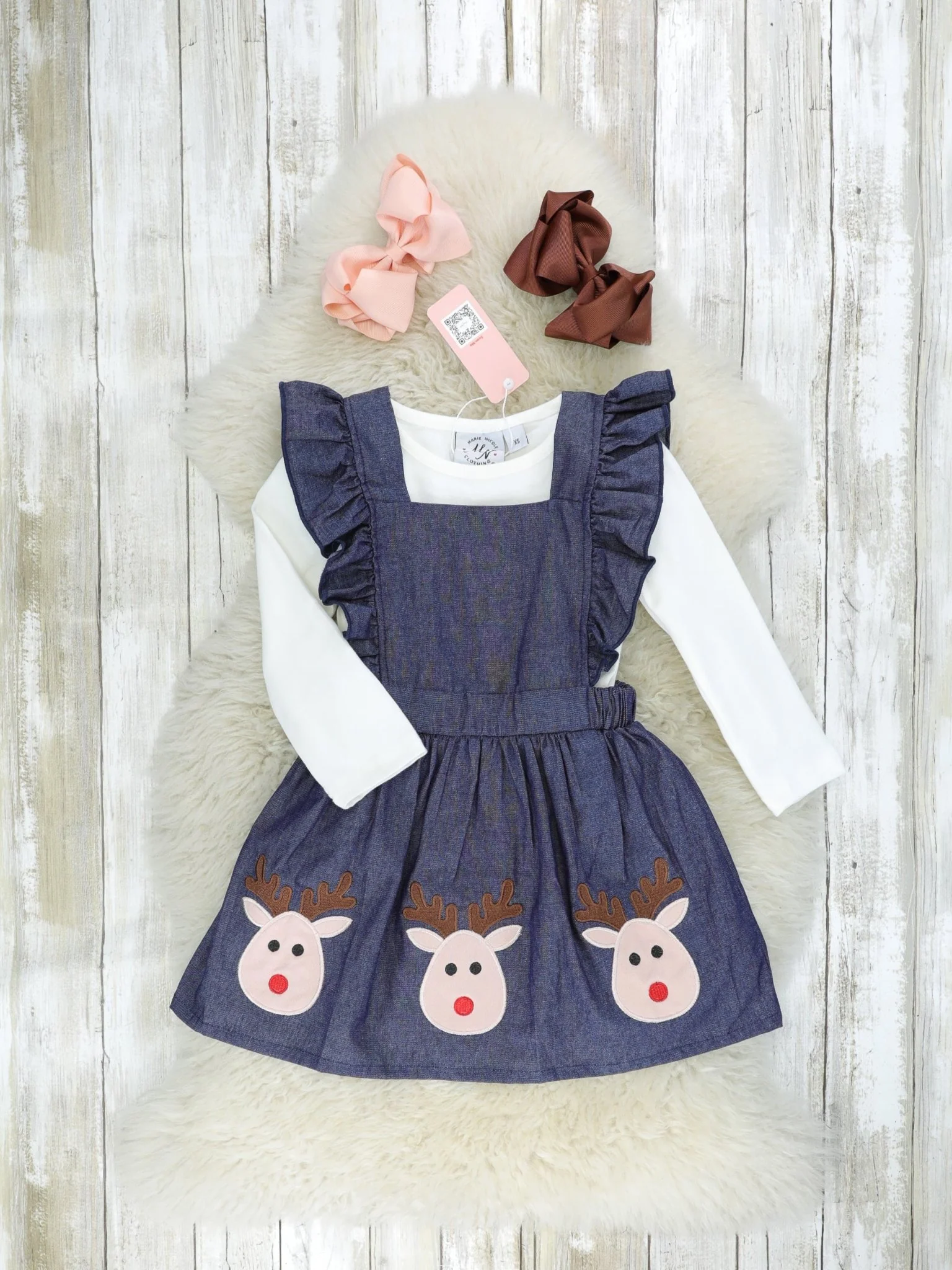 White Top & Chambray Reindeer Ruffle Dress
