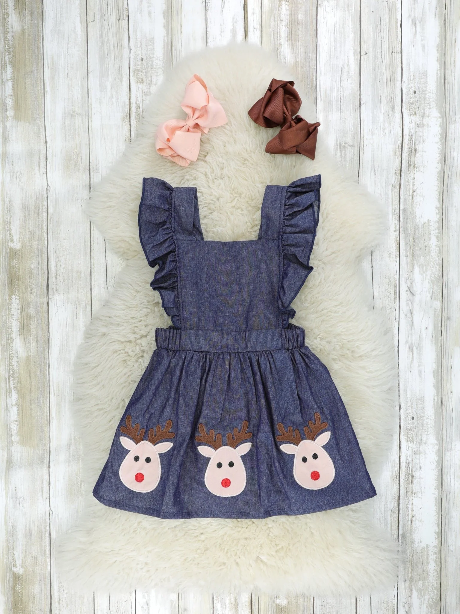 White Top & Chambray Reindeer Ruffle Dress - Image 3