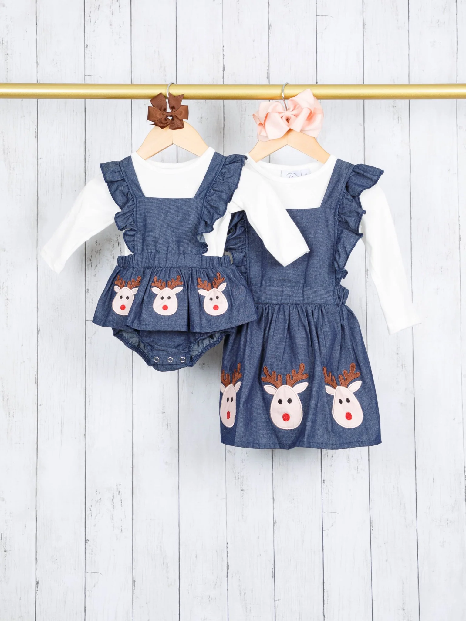 White Top & Chambray Reindeer Ruffle Dress - Image 4