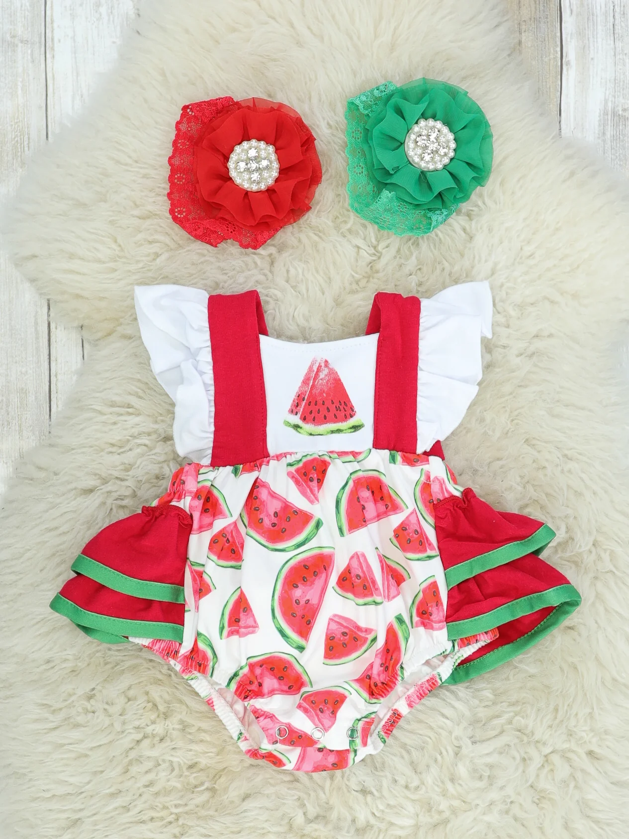 White Watermelon Ruffle Bubble Romper