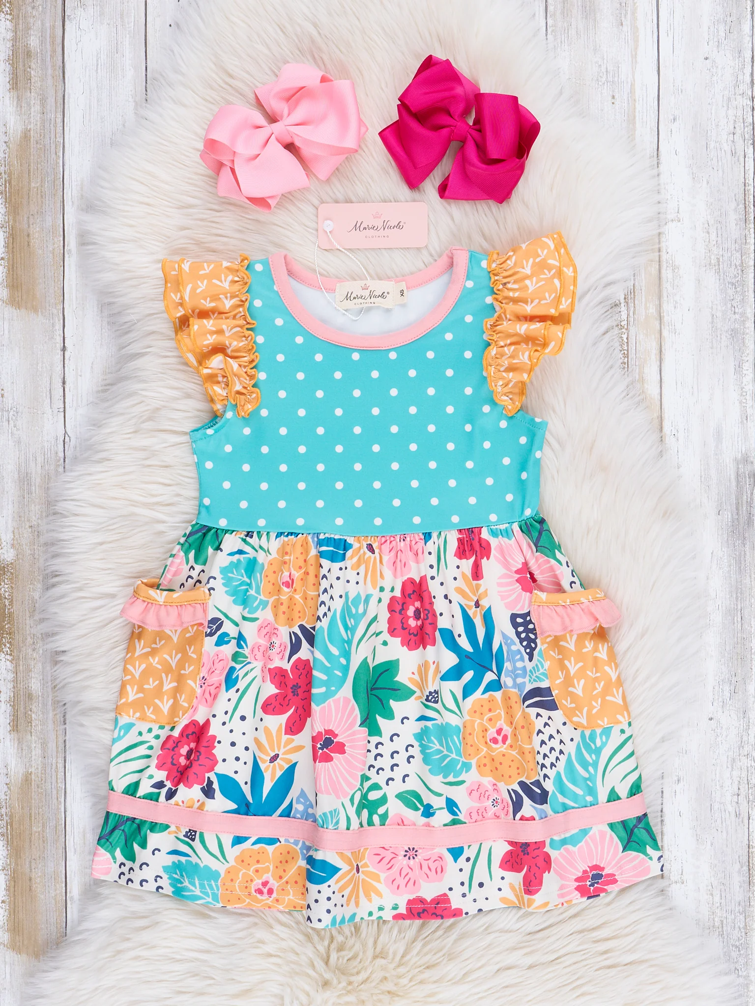 Wildflowers & Teal Dots Ruffle Dress