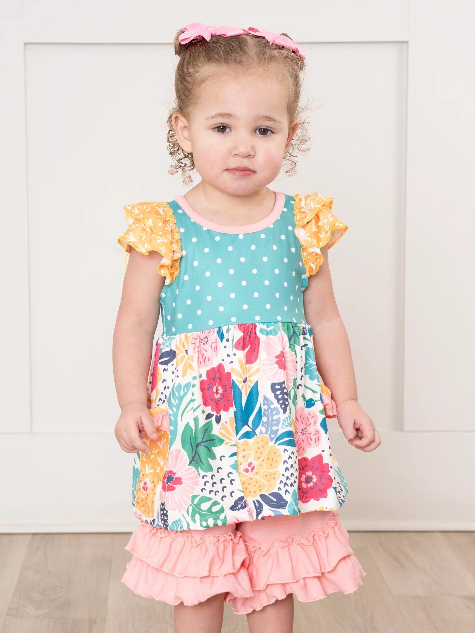 Wildflowers & Teal Dots Ruffle Shorts Outfit