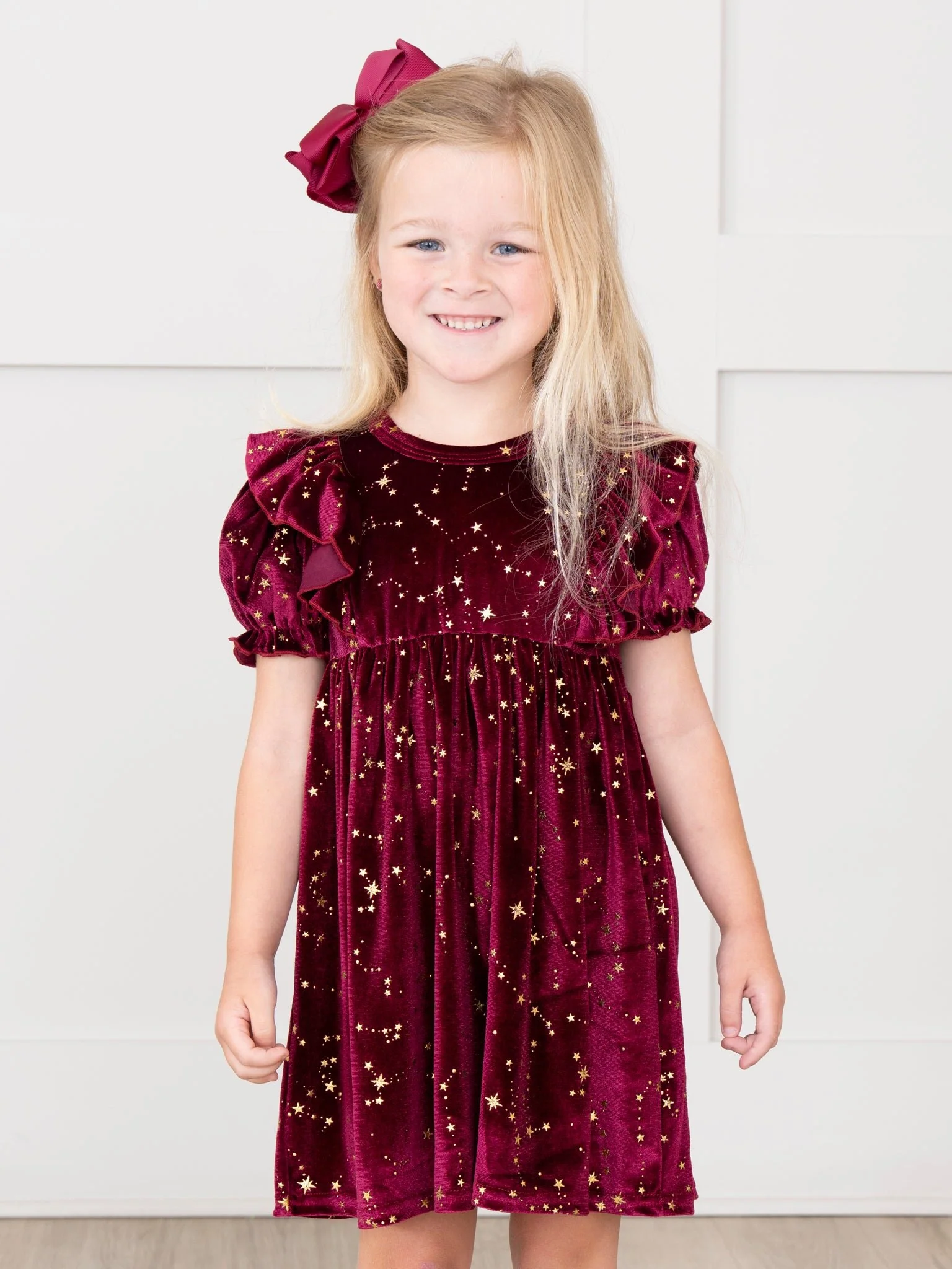 Wine Starry Night Velvet Ruffle Dress