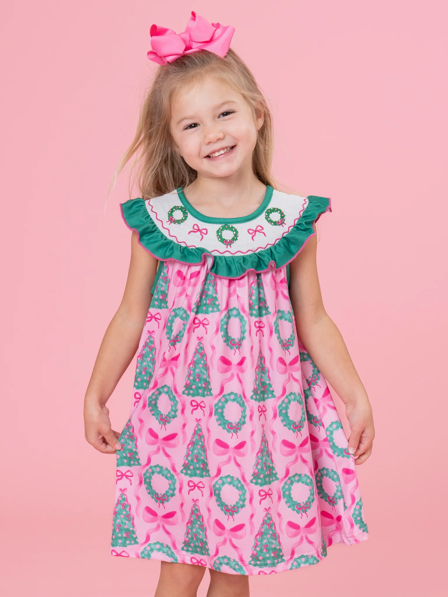 Wreath & Trees Holiday Smocked Dress