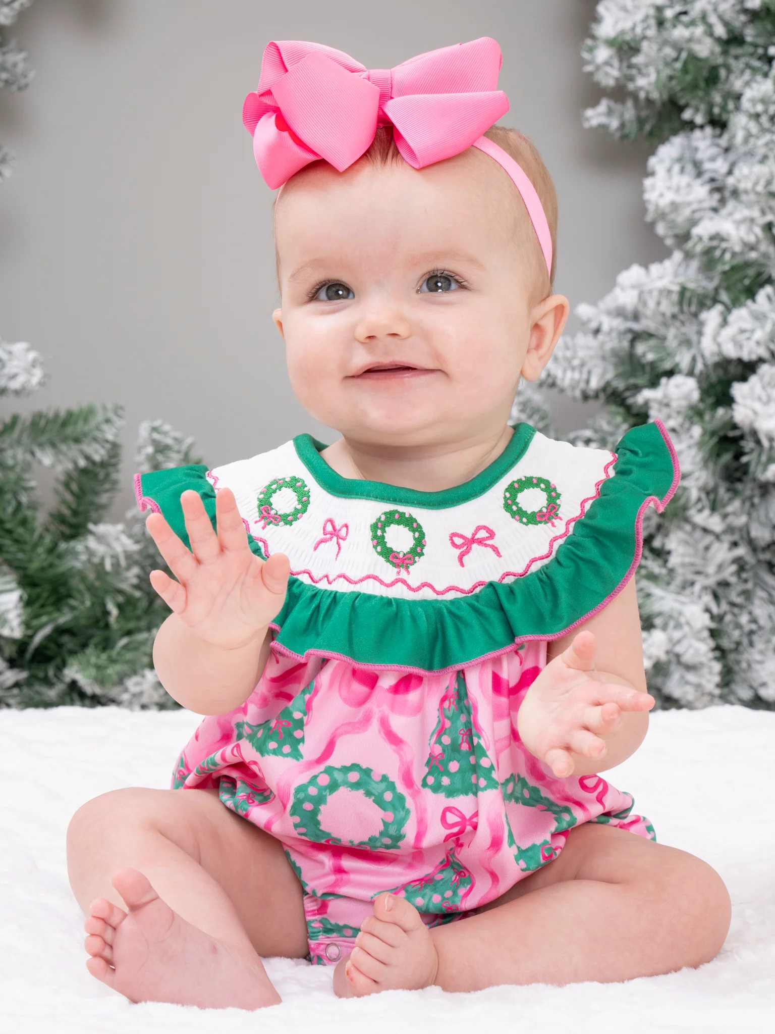 Wreath & Trees Holiday Smocked Bubble Romper