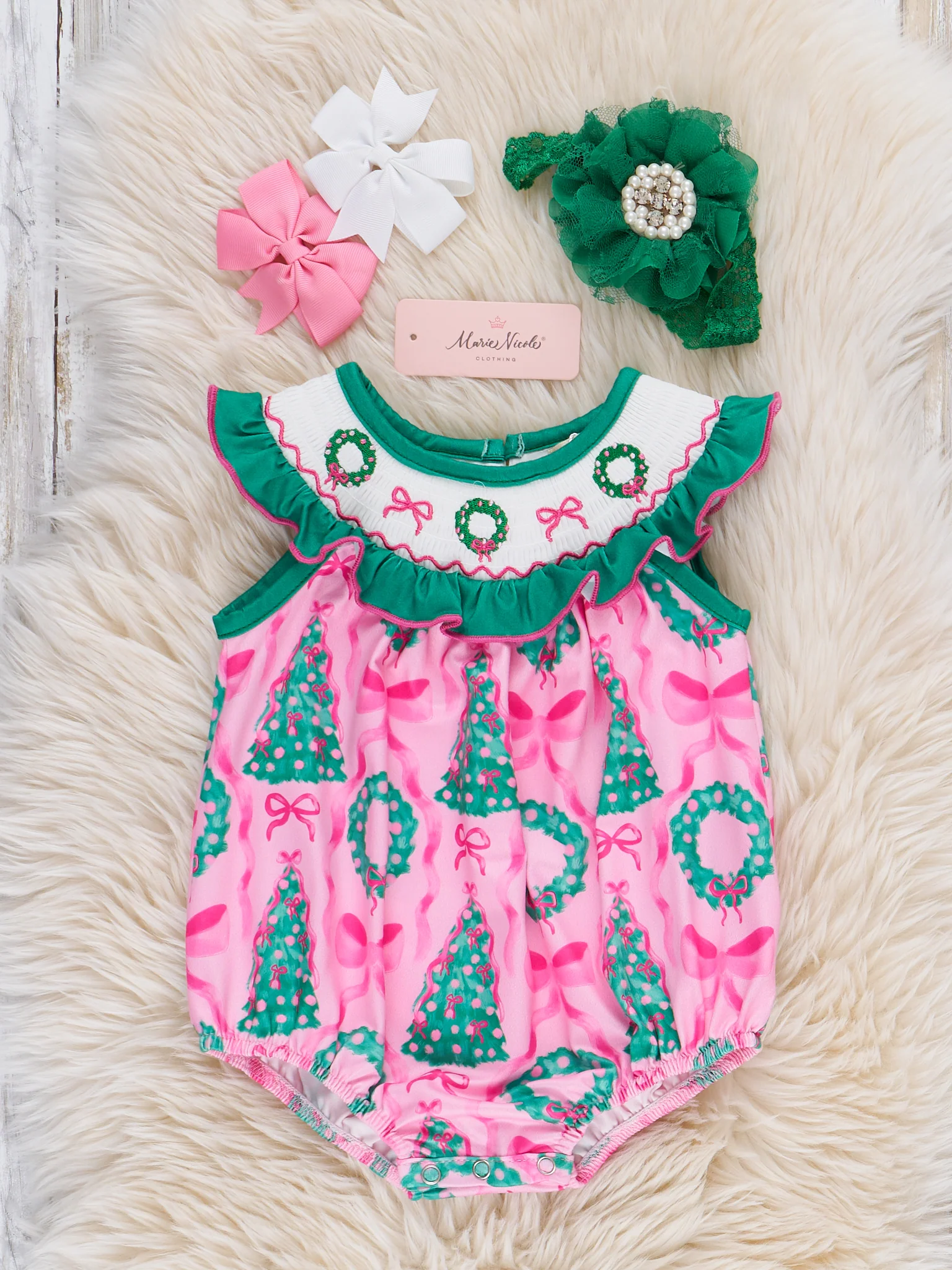 Wreath & Trees Holiday Smocked Bubble Romper - Image 2