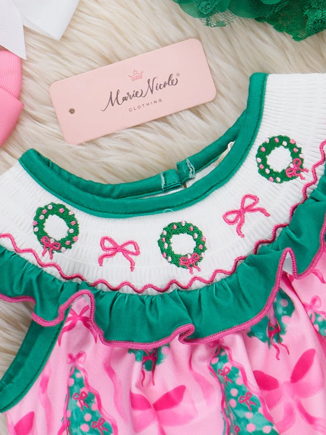 Wreath & Trees Holiday Smocked Bubble Romper - Image 3