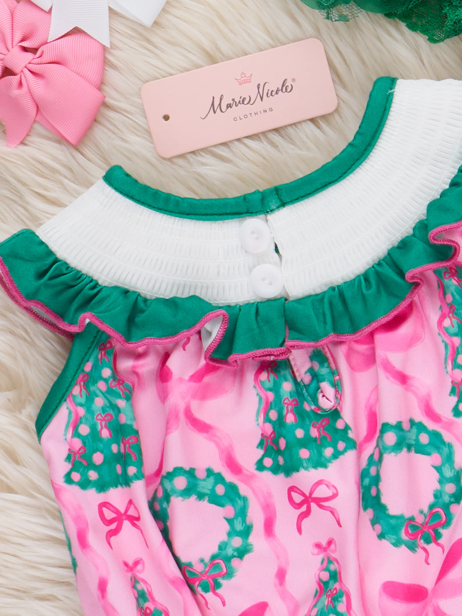 Wreath & Trees Holiday Smocked Bubble Romper - Image 4