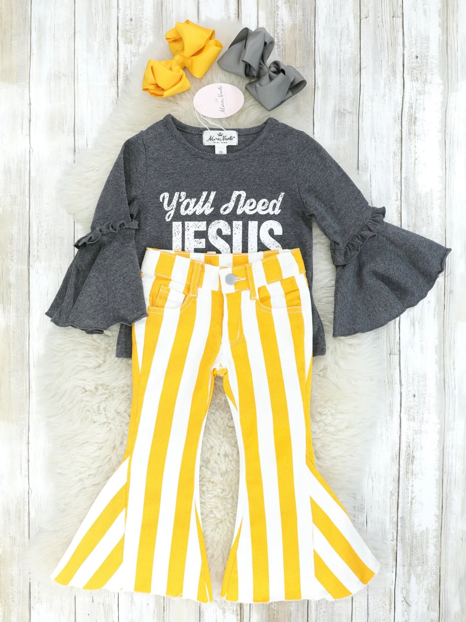 "Y'all Need Jesus"  Ruffle Top & Yellow Striped Bell Bottoms Outfit - Image 2