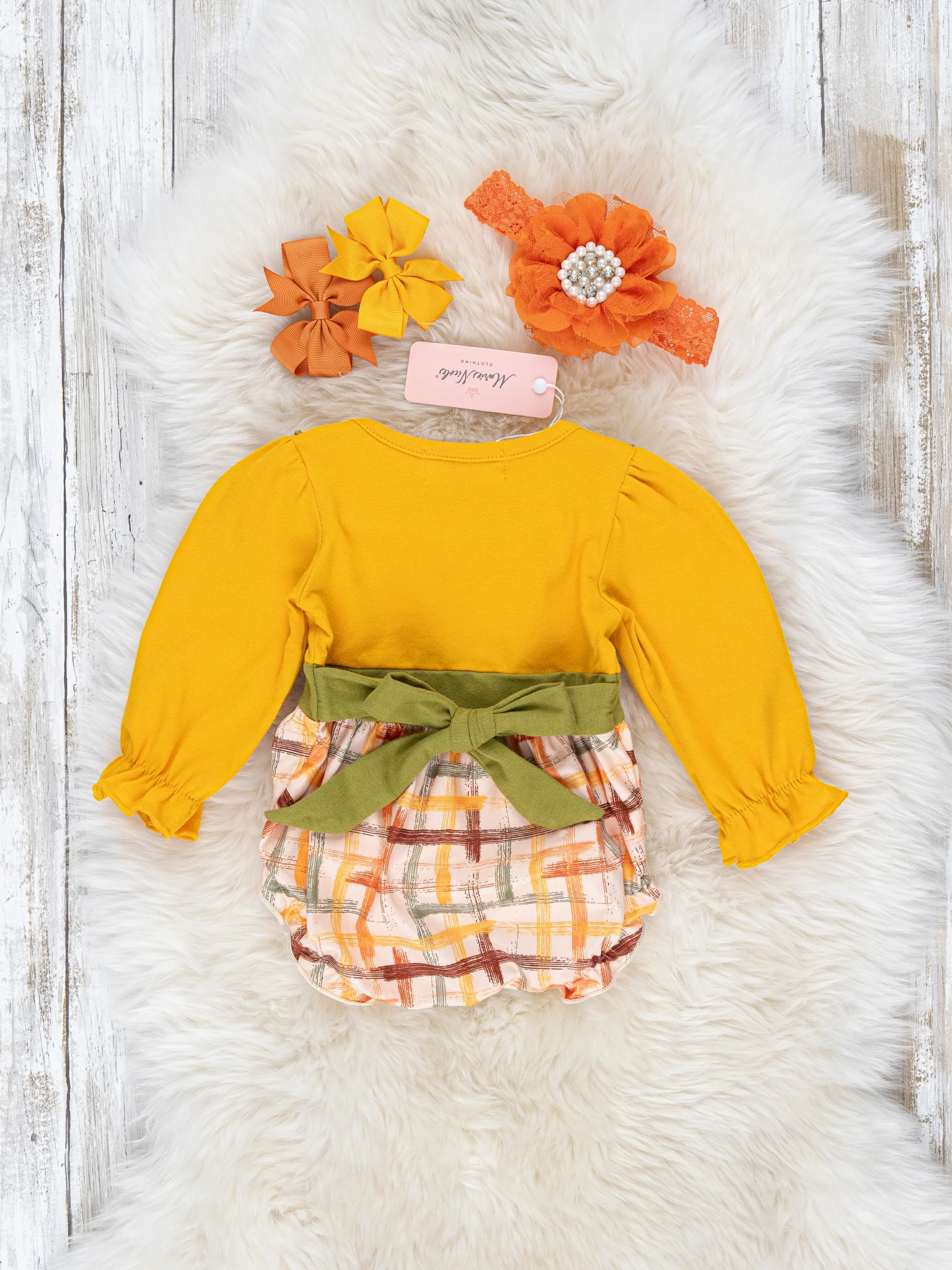Yellow Autumn Plaid Ruffle Bubble Romper - Image 2