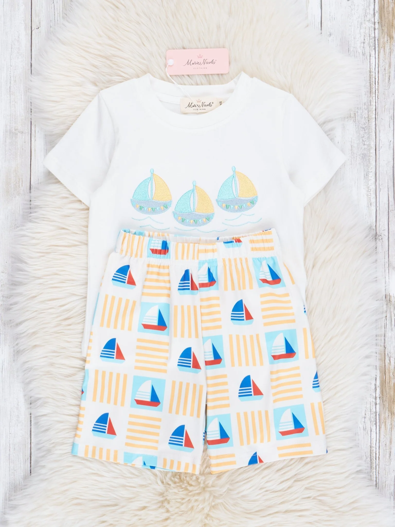 Yellow & Blue Embroidered Sailboats Outfit - Image 2