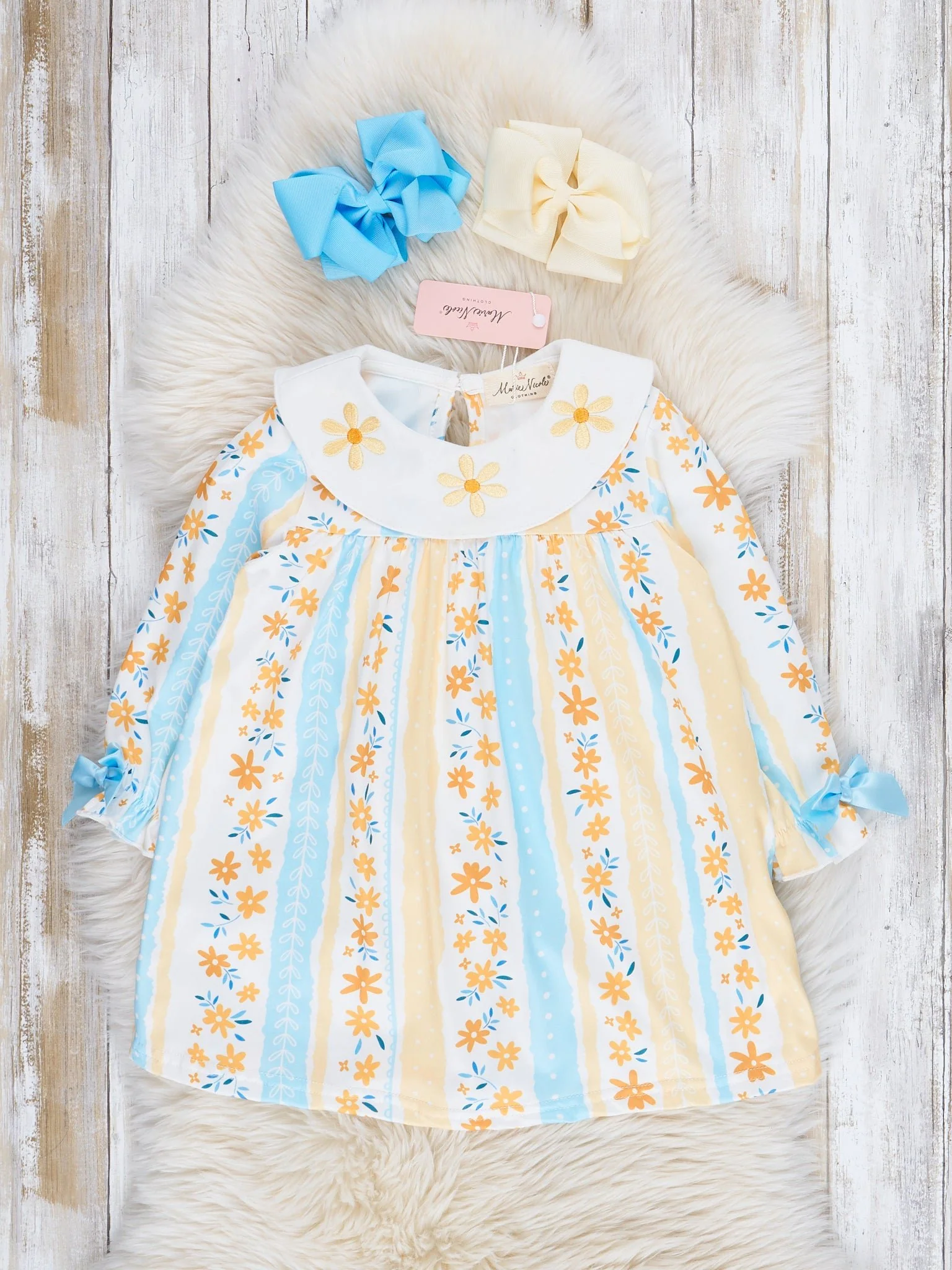 Yellow & Blue Floral Stripes Ruffle Dress