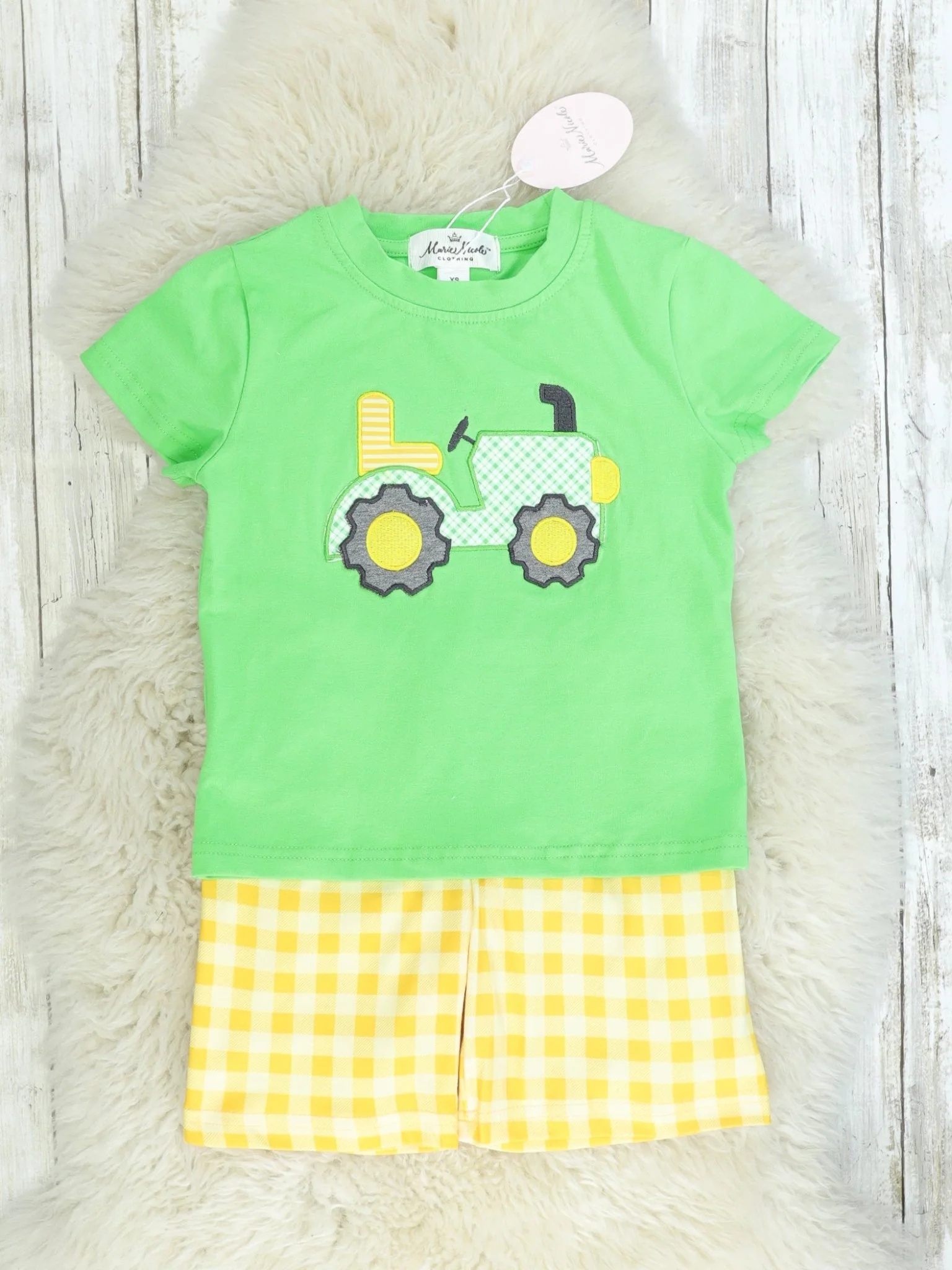 Yellow Check & Green Tractor Top Shorts Outfit