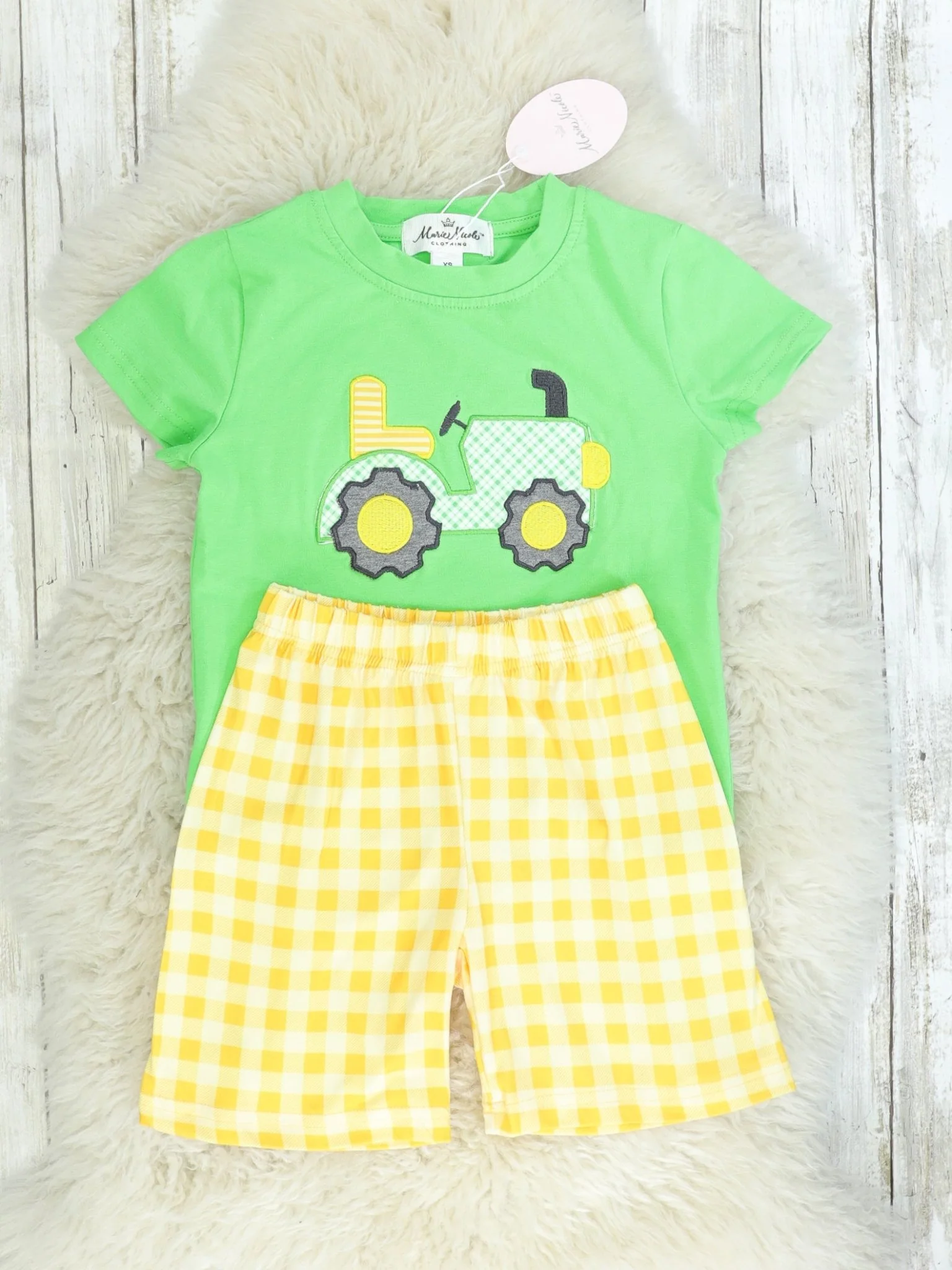Yellow Check & Green Tractor Top Shorts Outfit - Image 2