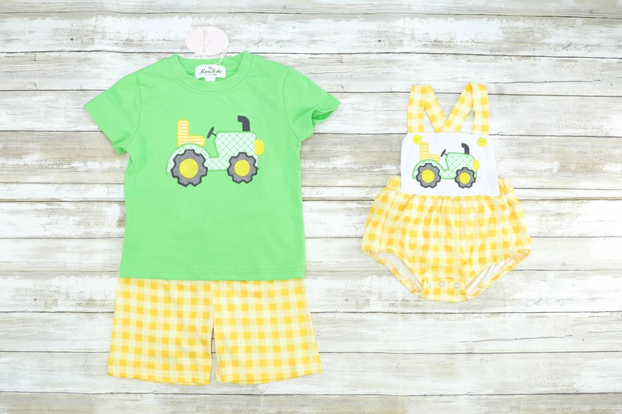 Yellow Check & Green Tractor Top Shorts Outfit - Image 3
