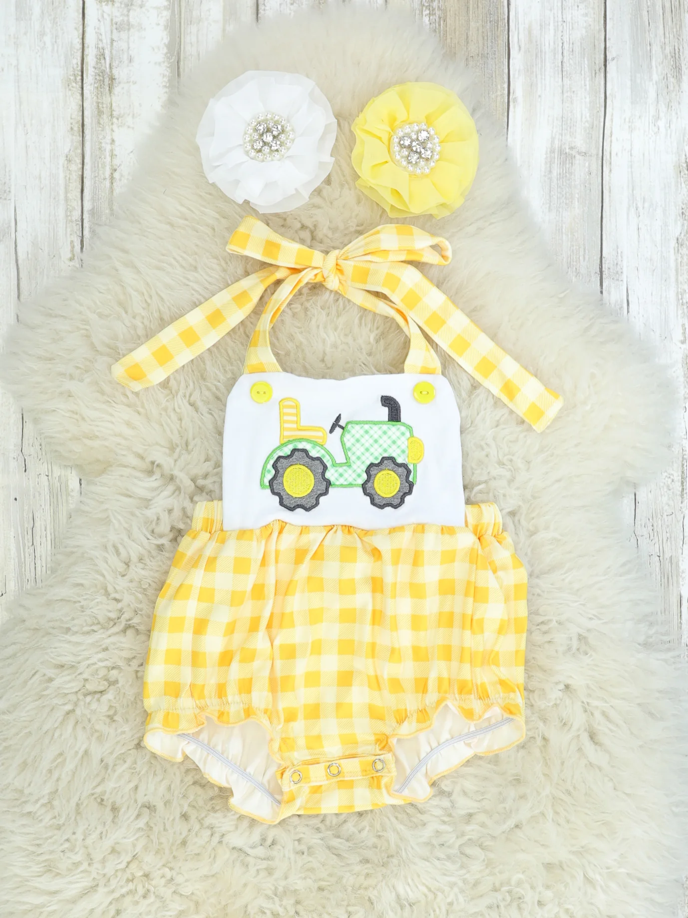 Yellow Check Tractor Halter Bubble Romper