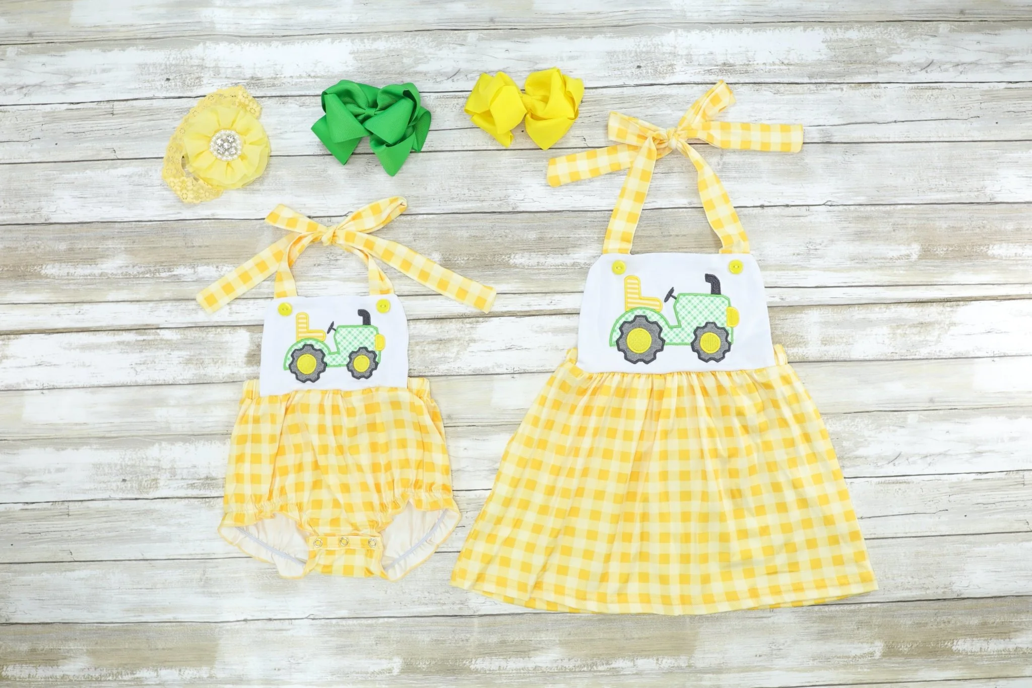 Yellow Check Tractor Halter Bubble Romper - Image 2