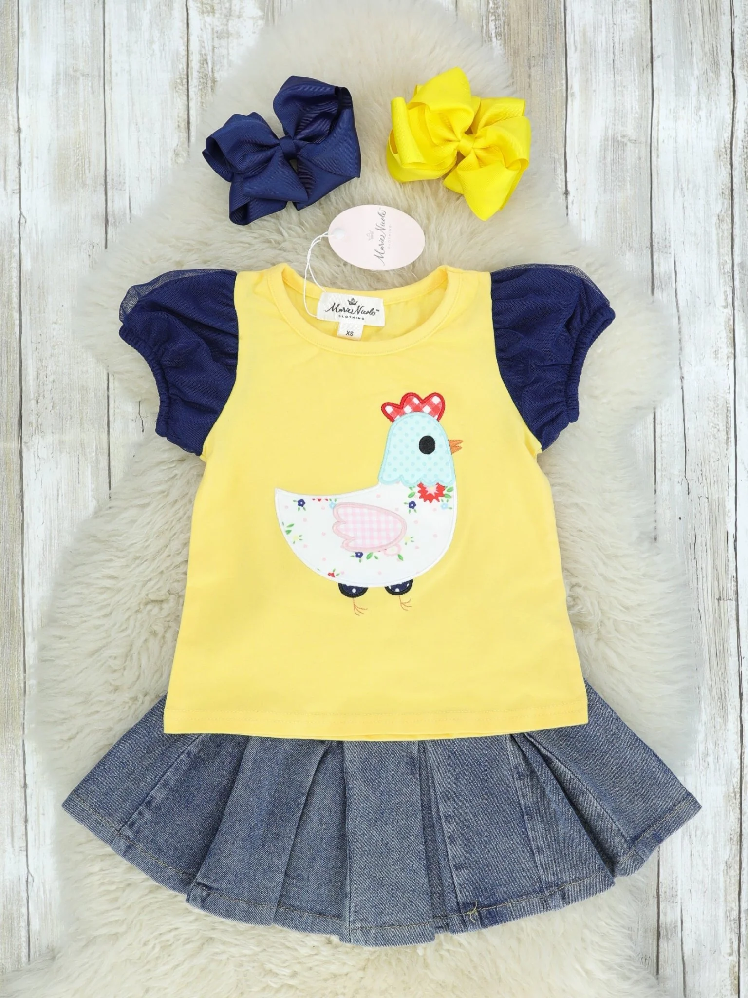 Yellow Chicken Top & Ruffle Denim Skirt Outfit