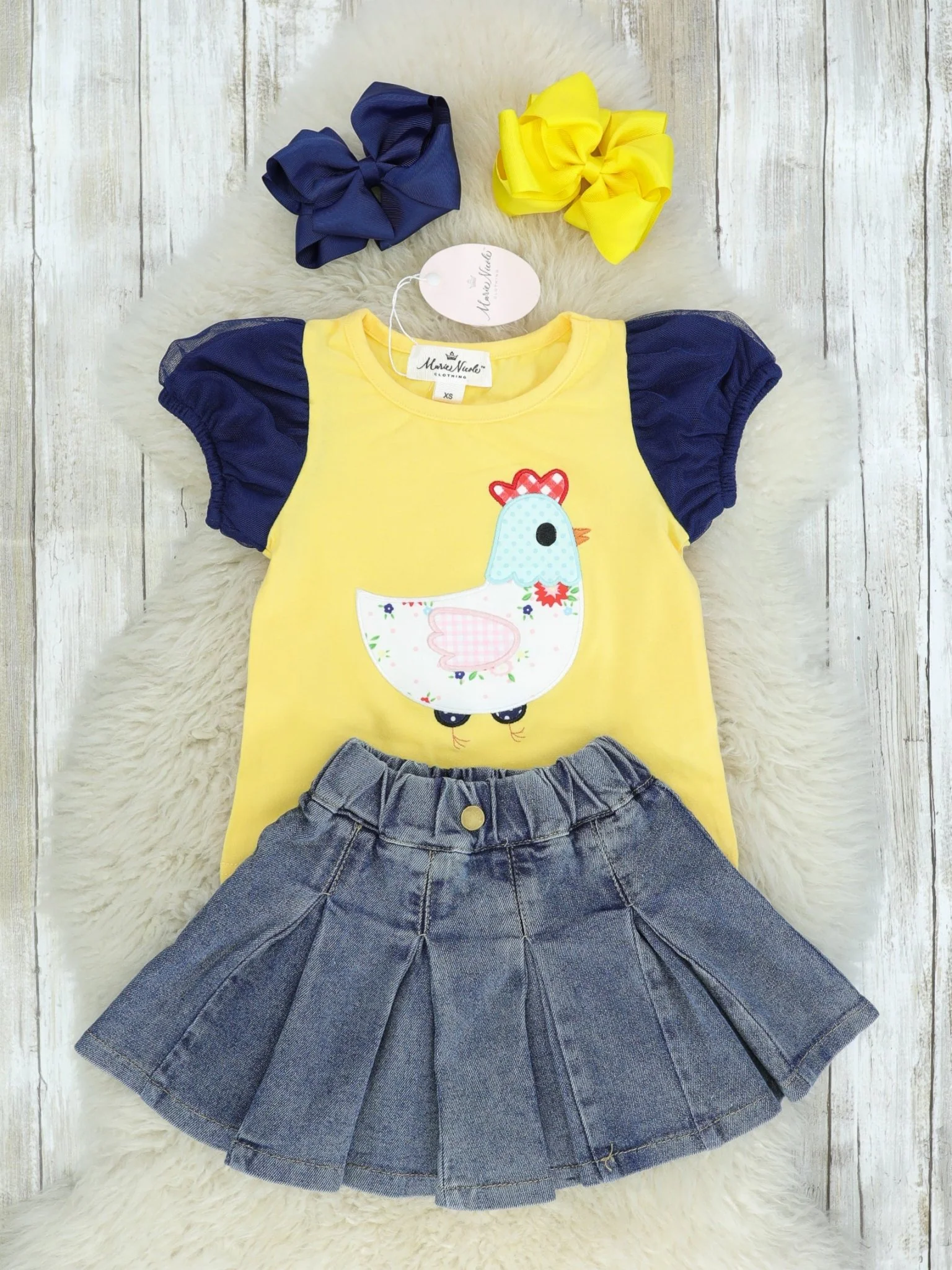 Yellow Chicken Top & Ruffle Denim Skirt Outfit - Image 2