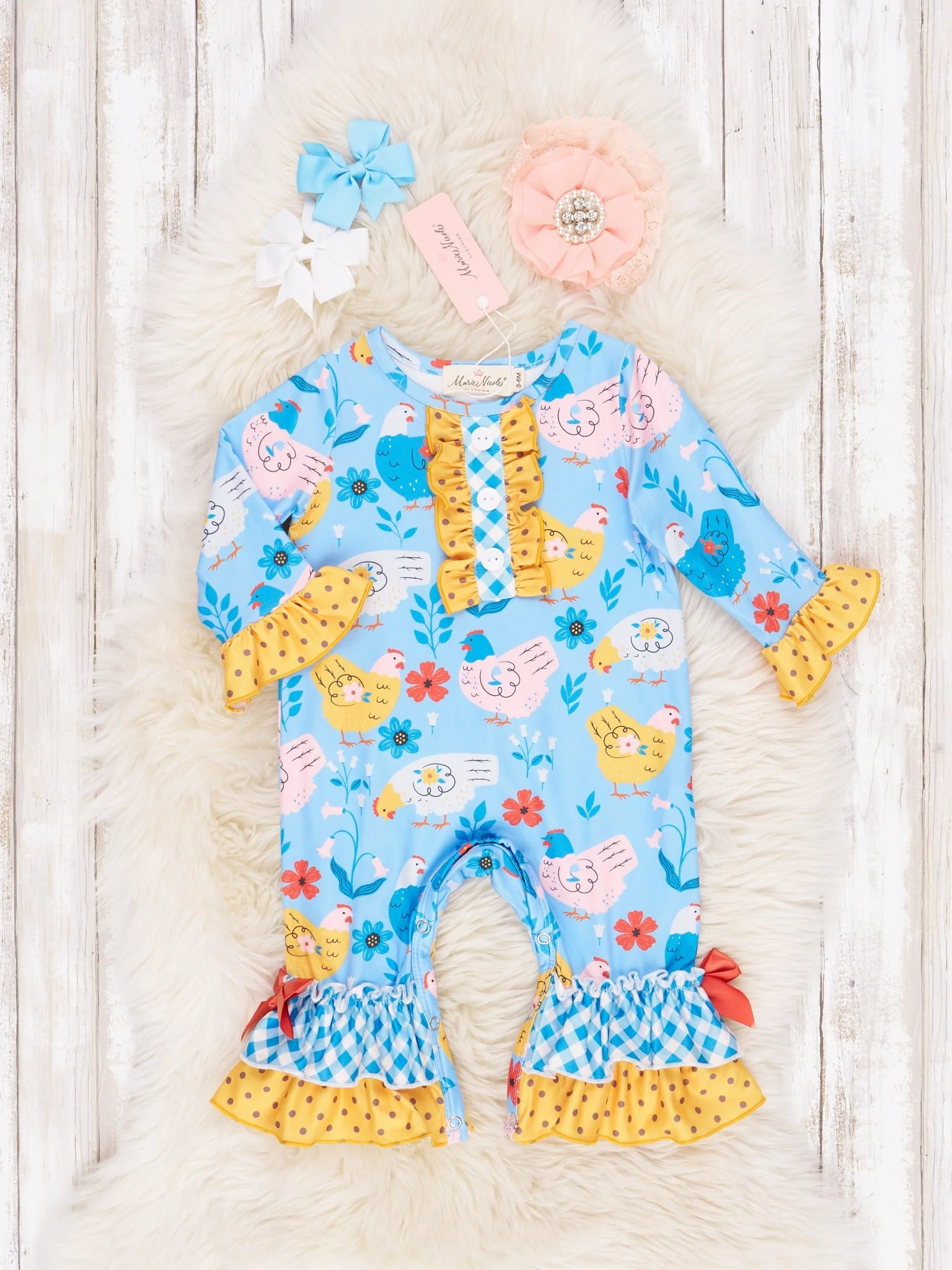 Yellow Dot Chicken Ruffle Romper