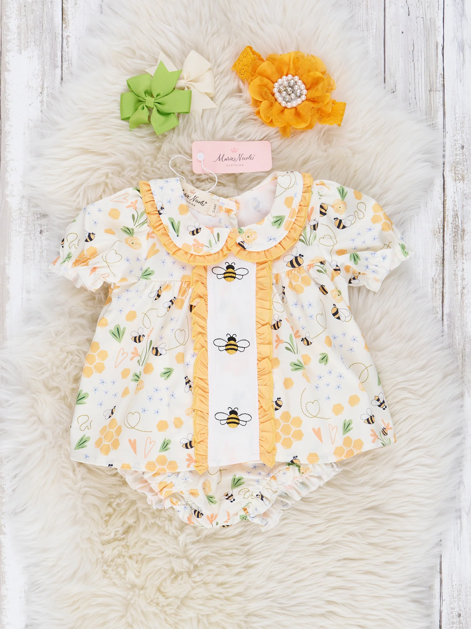 Yellow Embroidered Bee Ruffle Bloomer Outfit