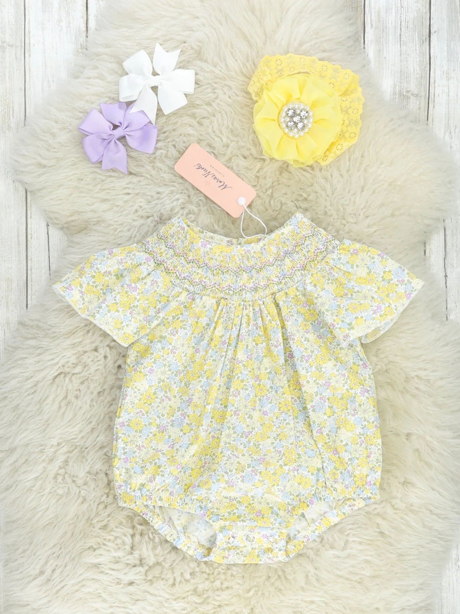 Yellow Floral Smocked Bubble Romper