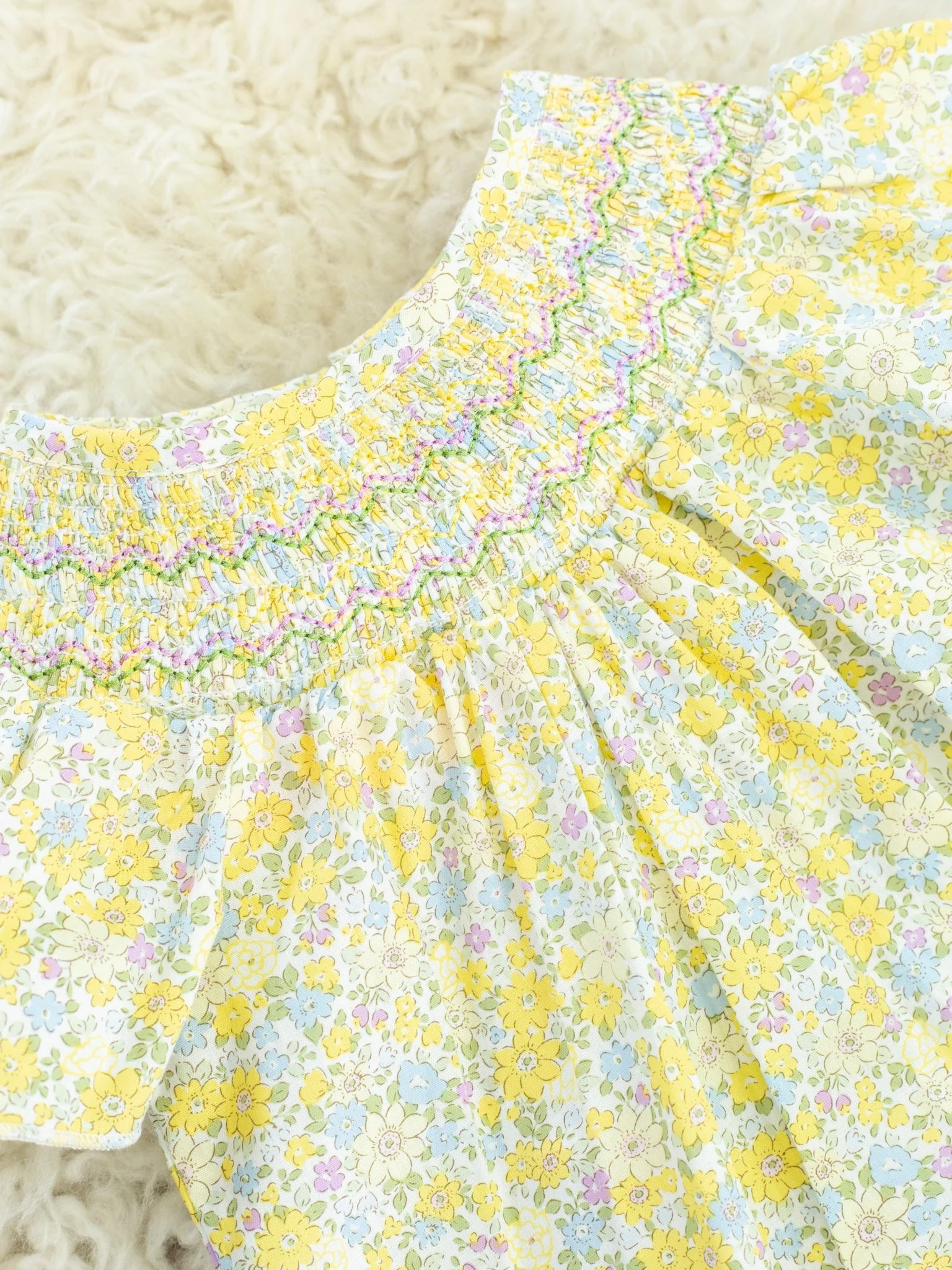 Yellow Floral Smocked Bubble Romper - Image 2