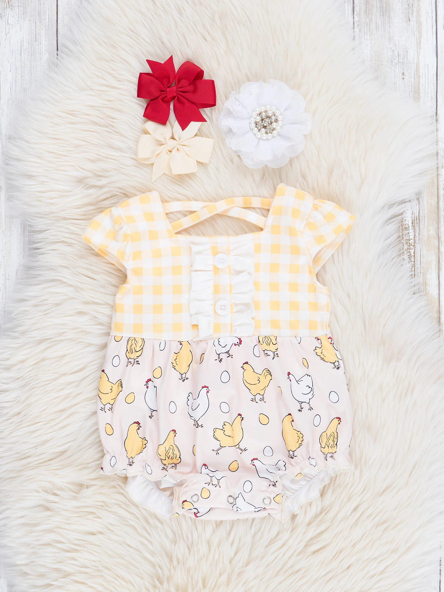 Yellow Gingham Chicken Ruffle Bubble Romper