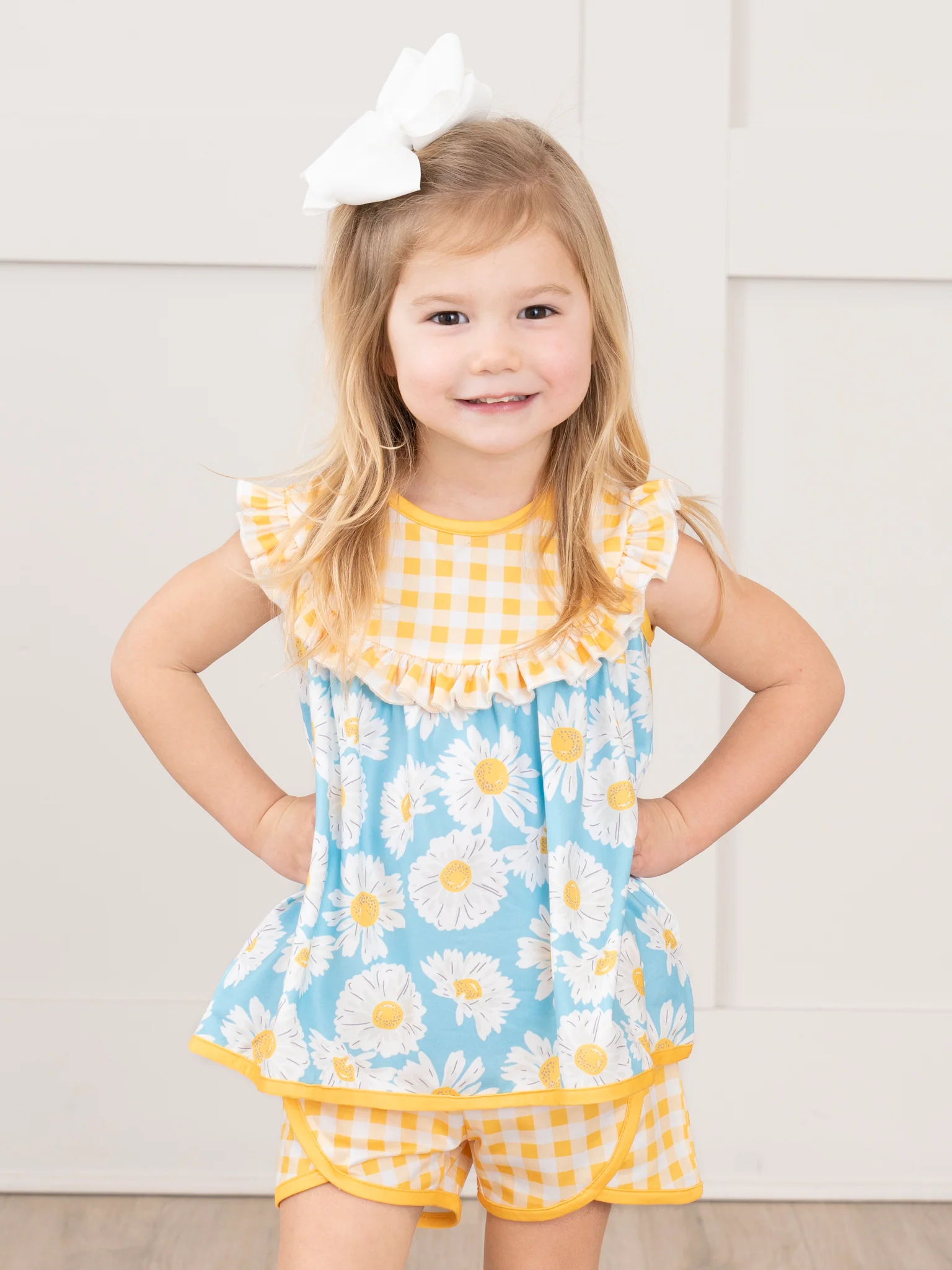 Yellow Gingham Floral Ruffle Outfit