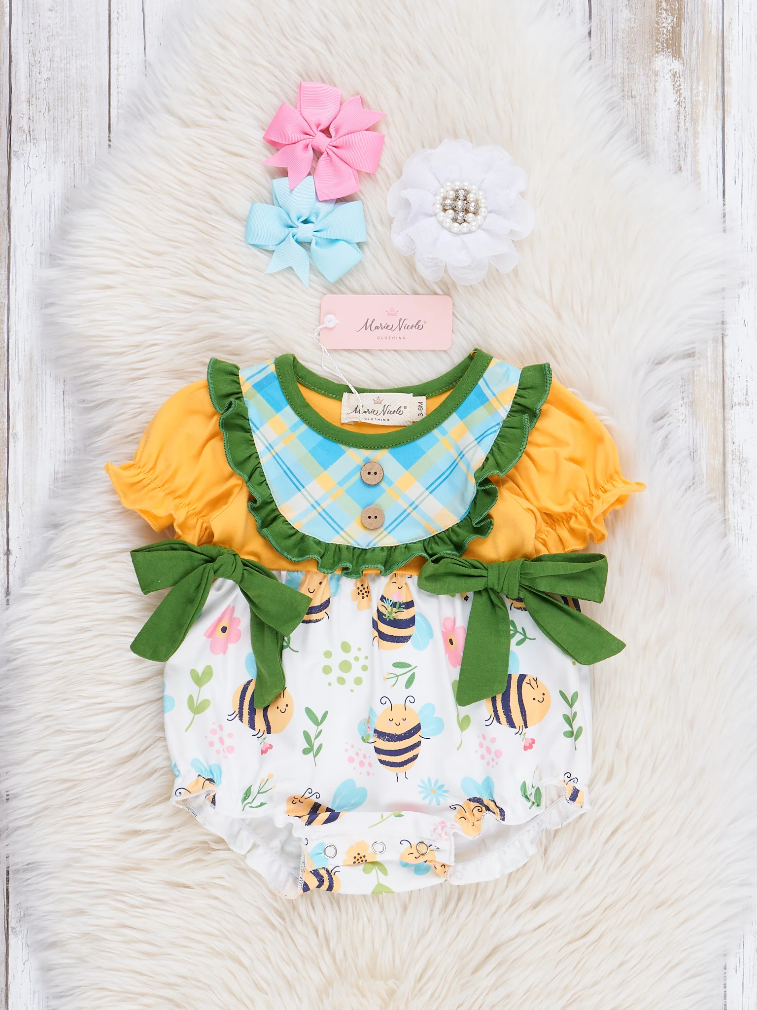 Yellow & Green Busiest Bees Ruffle Bubble Romper