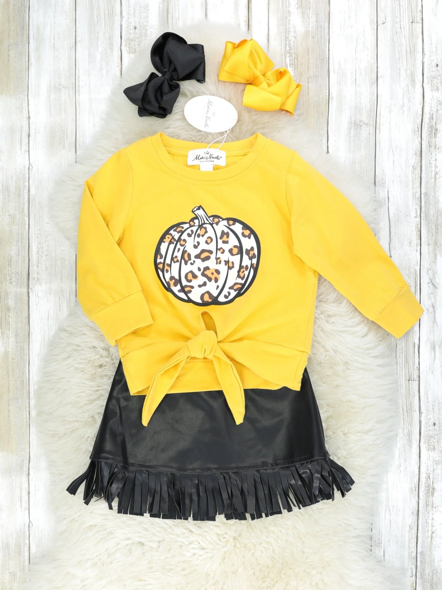 Yellow Leopard Pumpkin Top & Fringe Leather Skirt Outfit