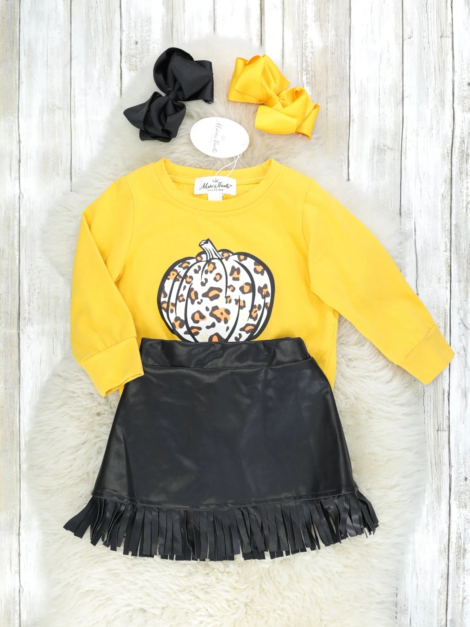 Yellow Leopard Pumpkin Top & Fringe Leather Skirt Outfit - Image 2