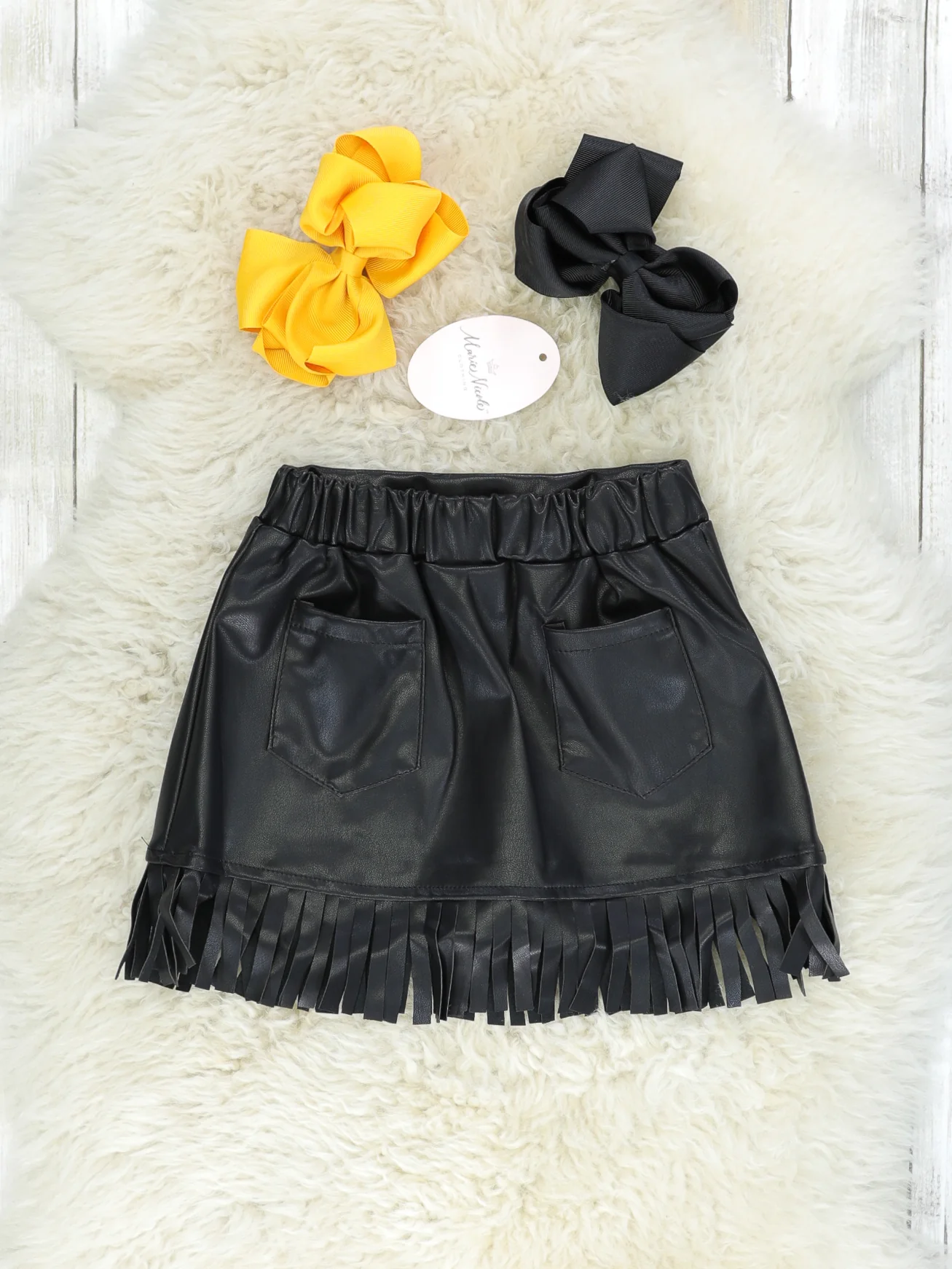 Yellow Leopard Pumpkin Top & Fringe Leather Skirt Outfit - Image 3