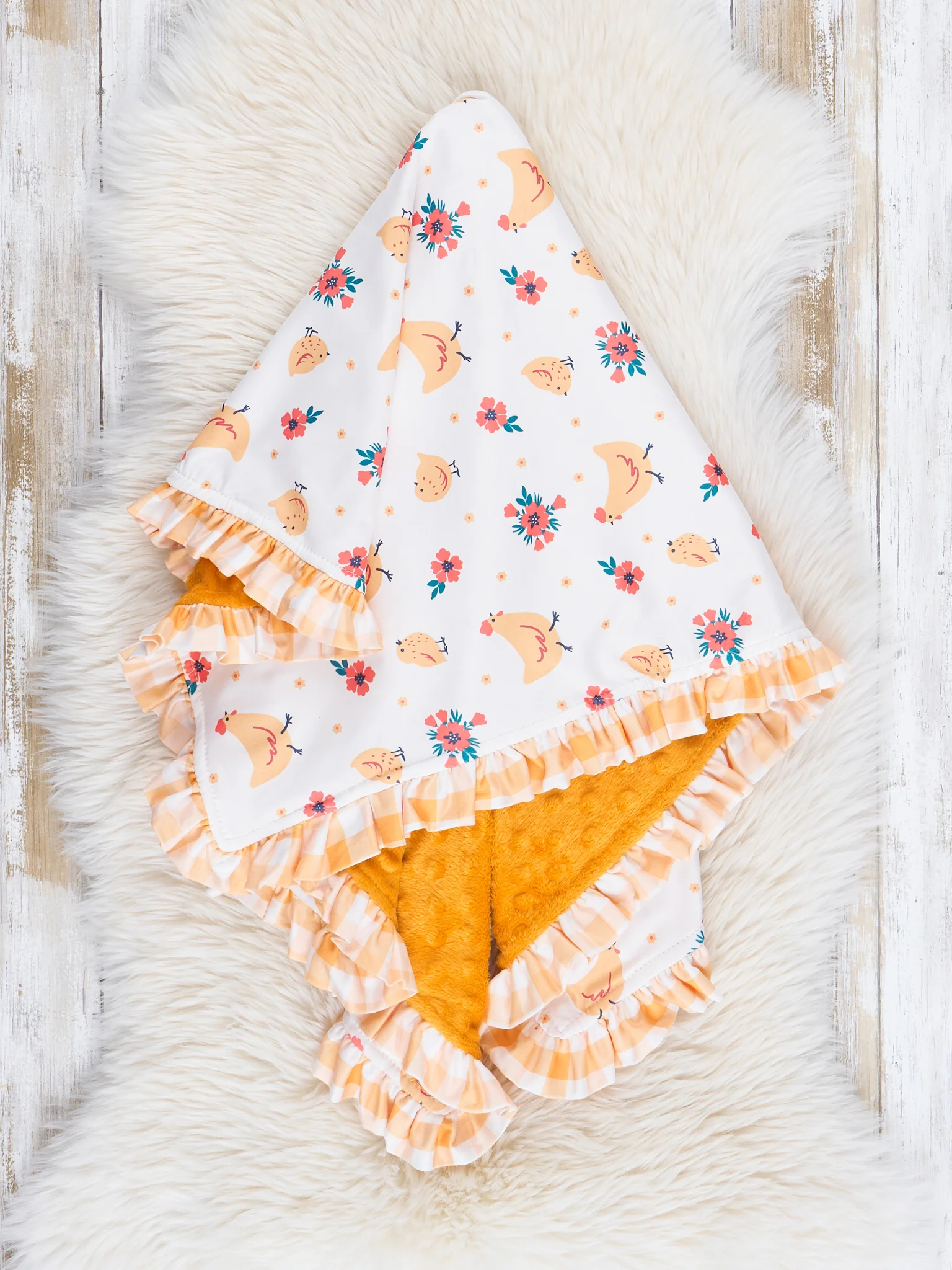 Yellow Pecking Garden Ruffle Minky Blanket