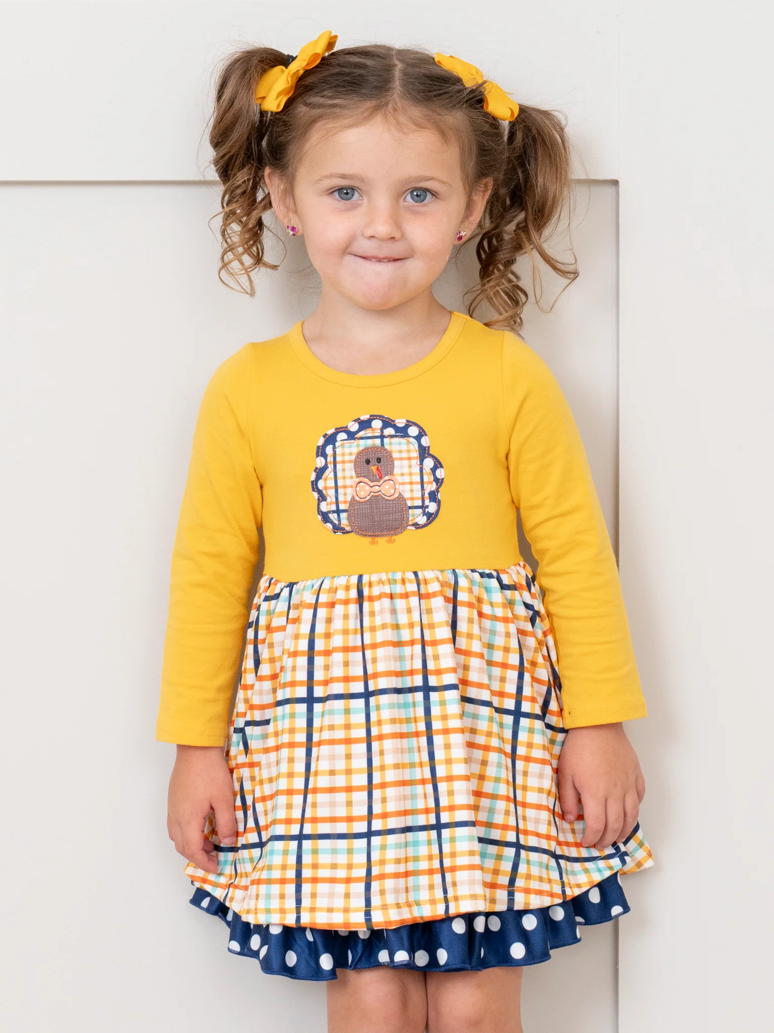 Yellow Plaid Embroidered Turkey Ruffle Dress