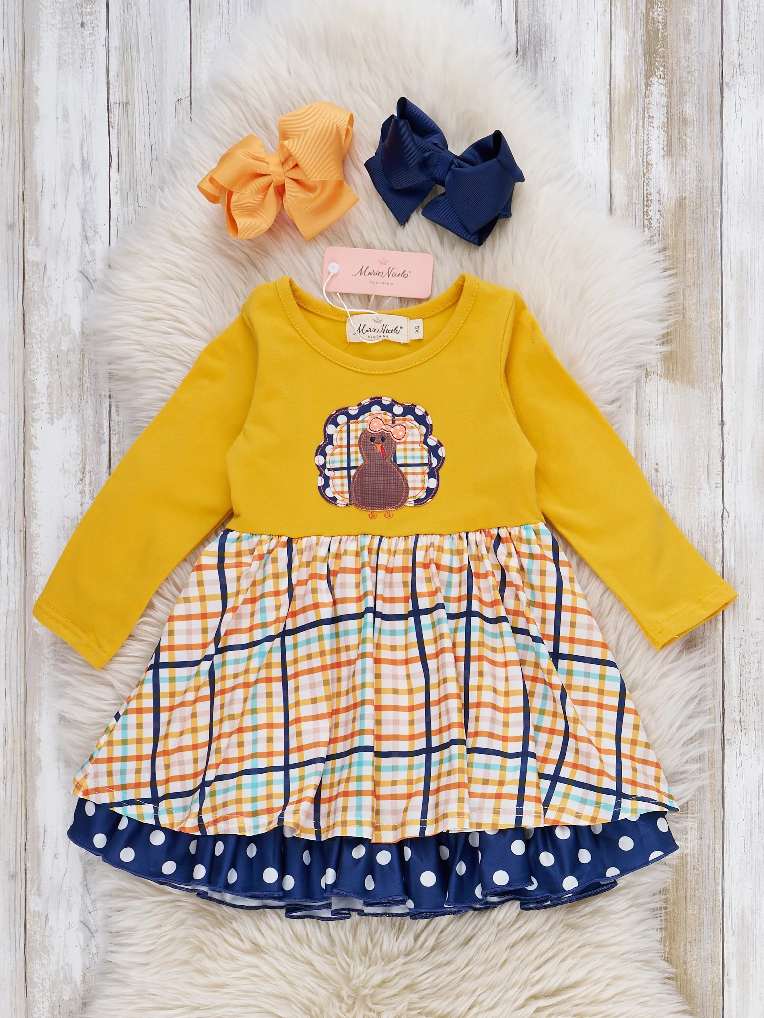 Yellow Plaid Embroidered Turkey Ruffle Dress - Image 2