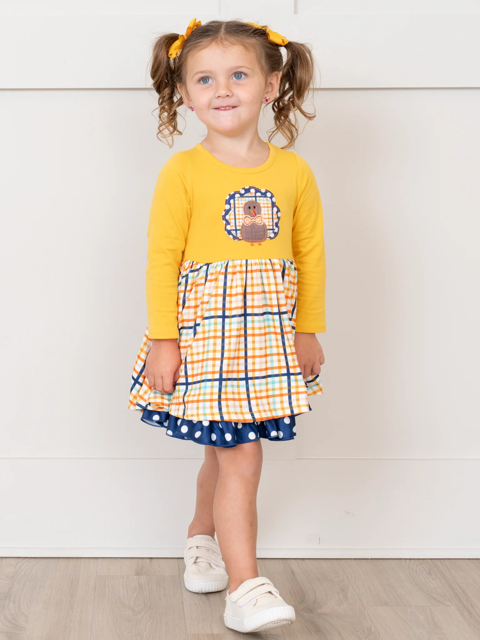 Yellow Plaid Embroidered Turkey Ruffle Dress - Image 3