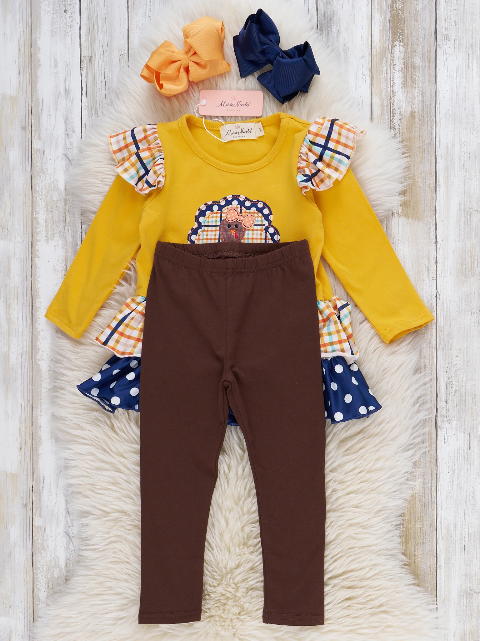 Yellow Plaid Embroidered Turkey Ruffle Outfit - Image 3