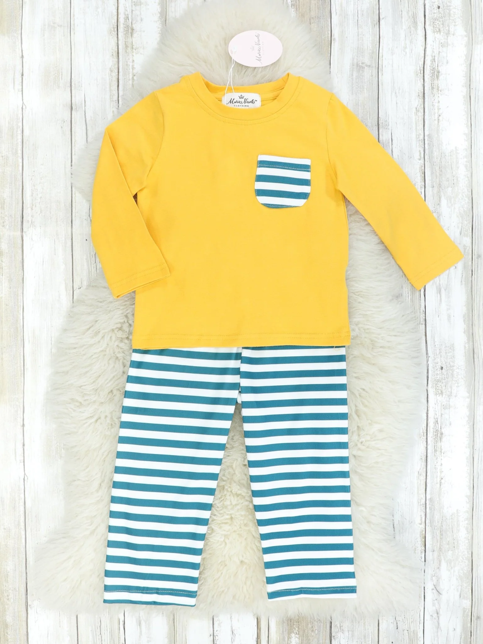 Yellow Pocket Long Sleeve & Striped Bottoms Outfit