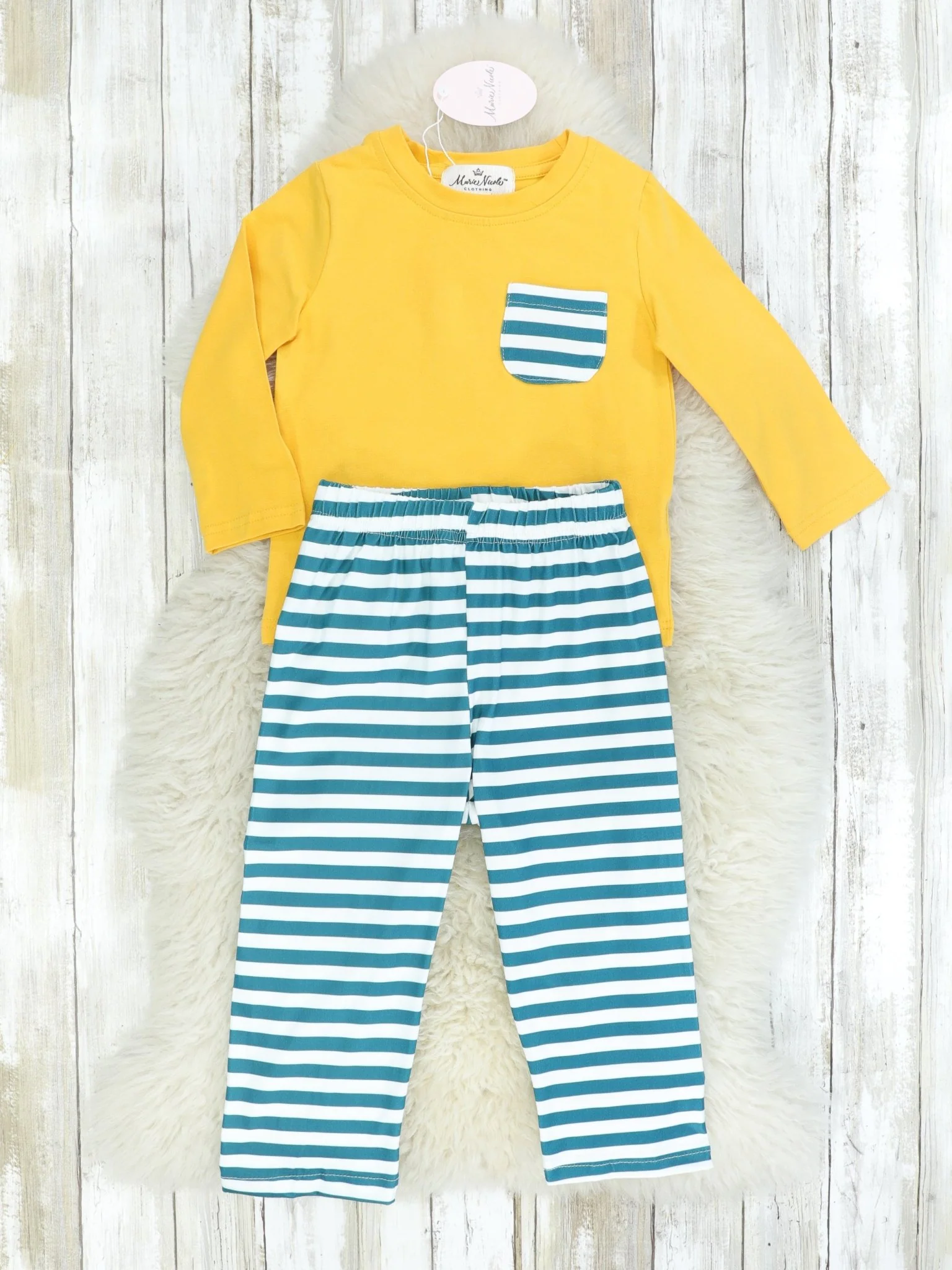 Yellow Pocket Long Sleeve & Striped Bottoms Outfit - Image 2