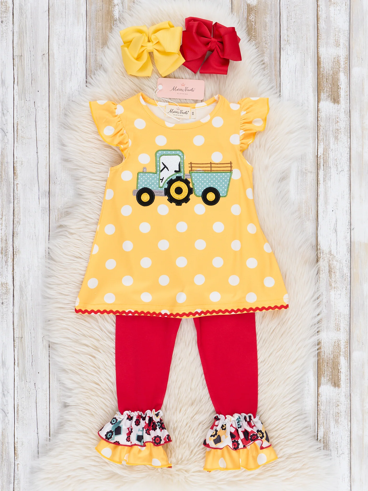 Yellow Polka Dots Embroidered Tractor Ruffle Outfit