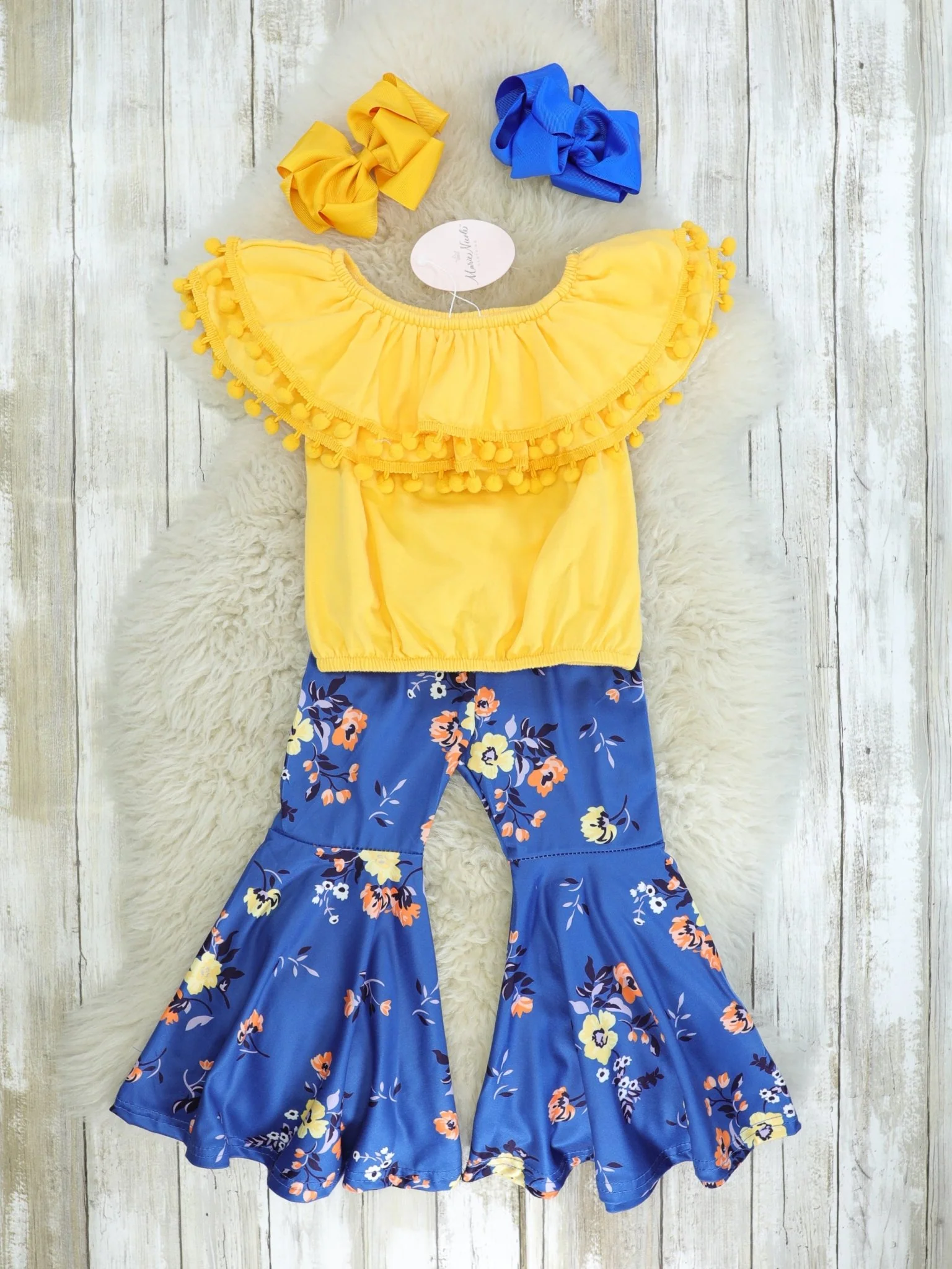 Yellow Pom-Pom Top & Navy Floral Bell Bottoms Outfit