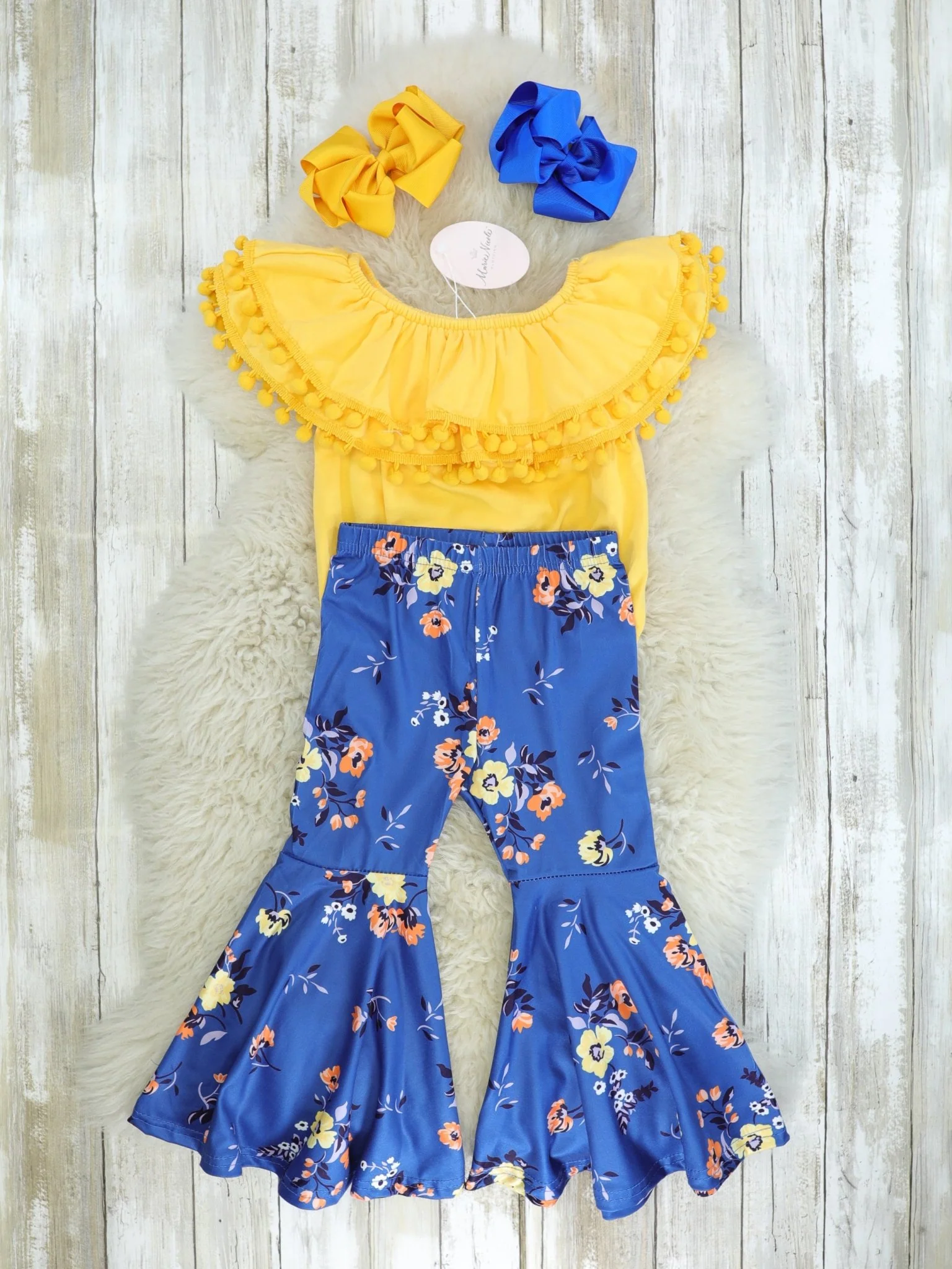 Yellow Pom-Pom Top & Navy Floral Bell Bottoms Outfit - Image 2