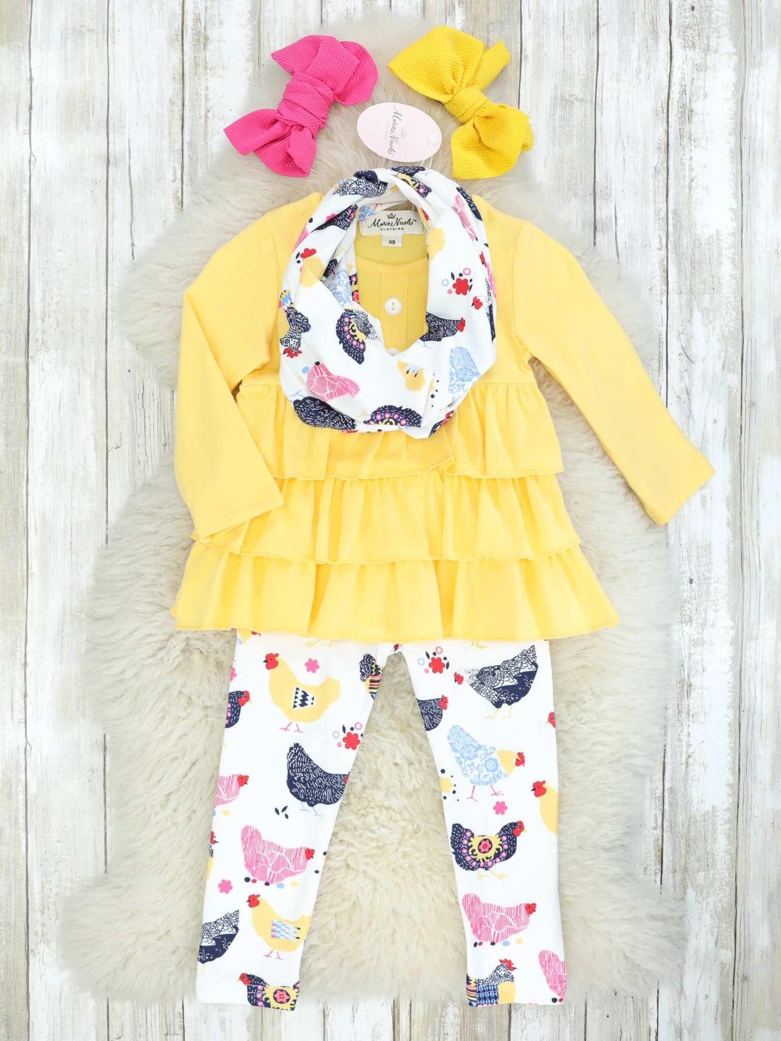 Yellow Ruffle Top & Shabby Chic Chicken Print Bottoms W/ Scarf