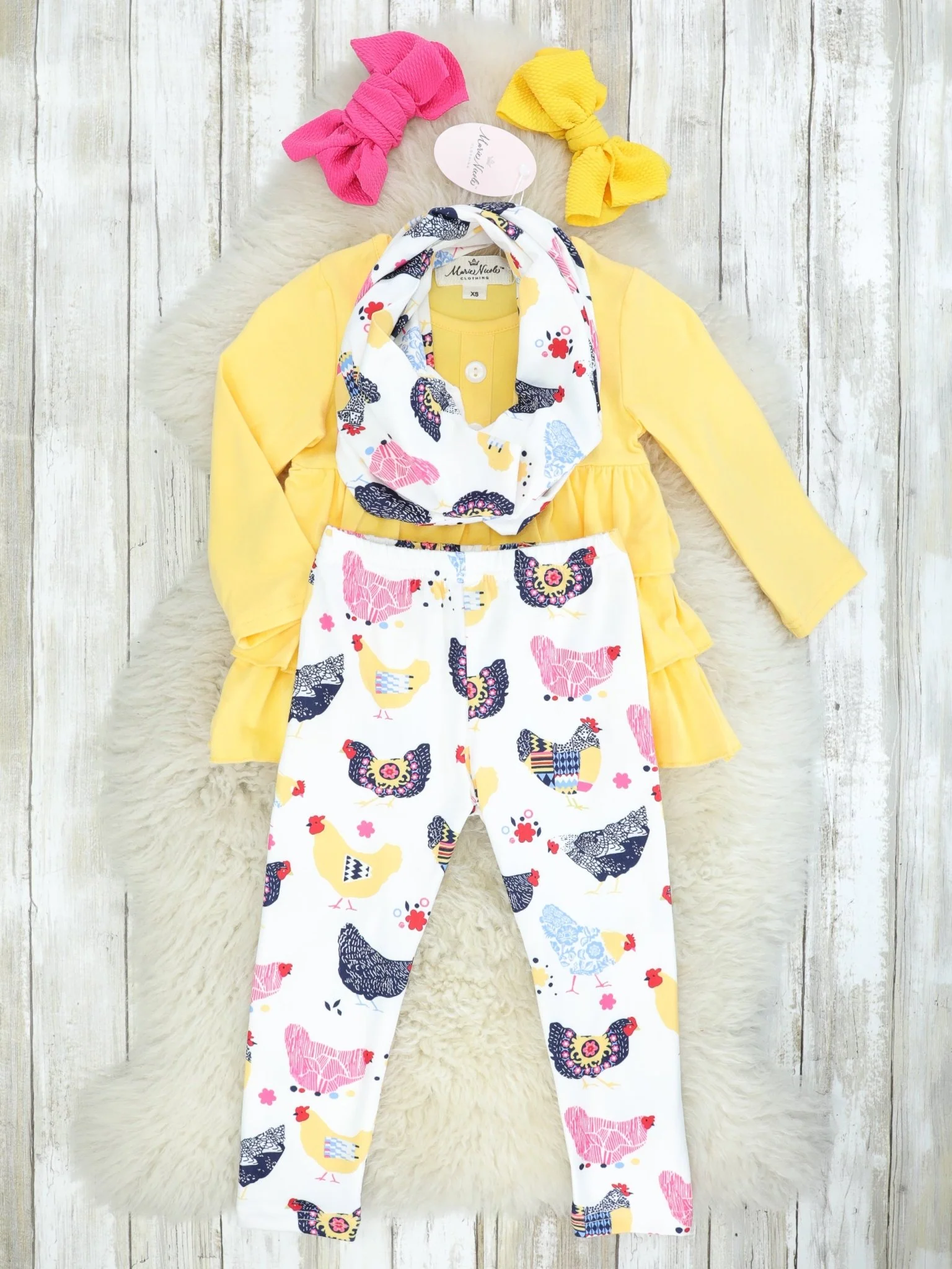 Yellow Ruffle Top & Shabby Chic Chicken Print Bottoms W/ Scarf - Image 2