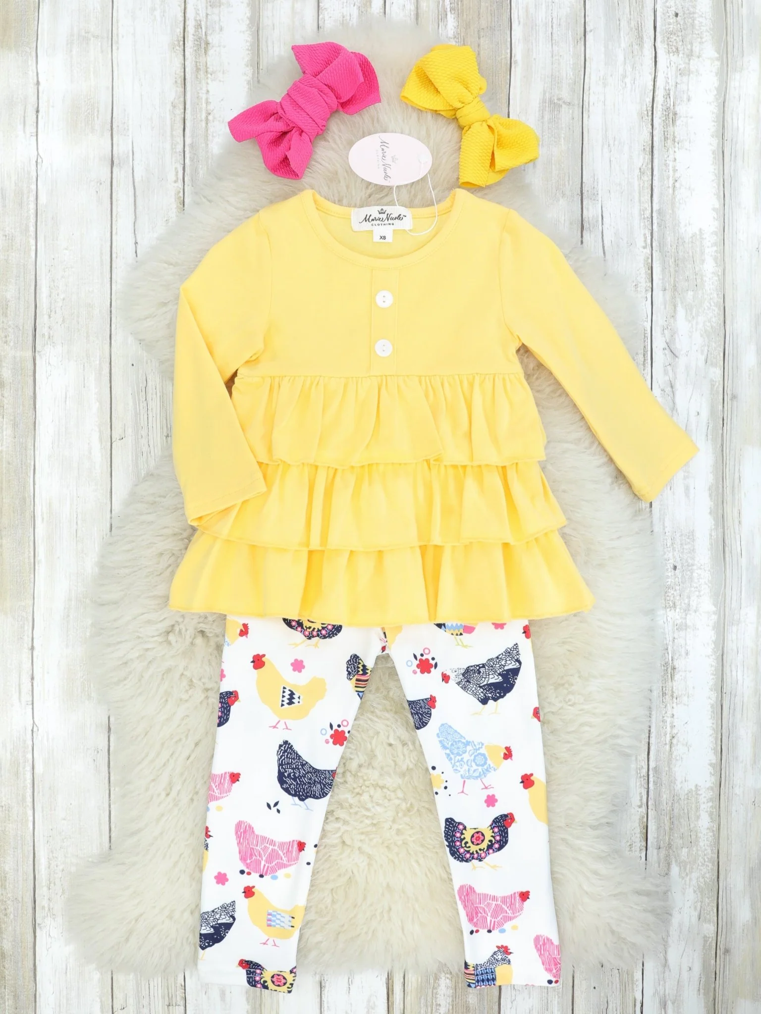 Yellow Ruffle Top & Shabby Chic Chicken Print Bottoms W/ Scarf - Image 3